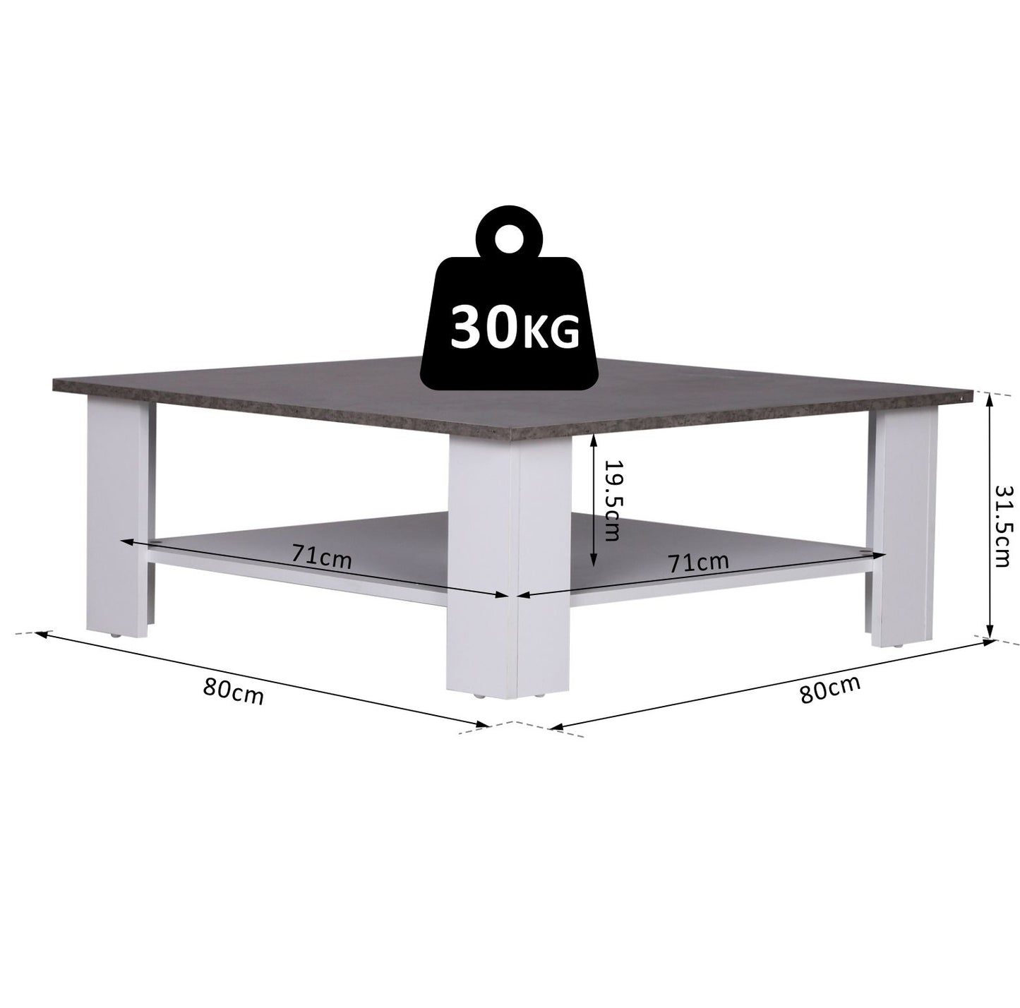 HOMCOM 2 Tier Vintage Coffee Table, 80W x 80D x 31.5Hcm-Cement/white