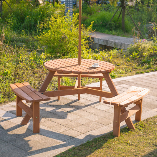 Outsunny Garden Round Table W/3 Attached Benches-Fir Wood