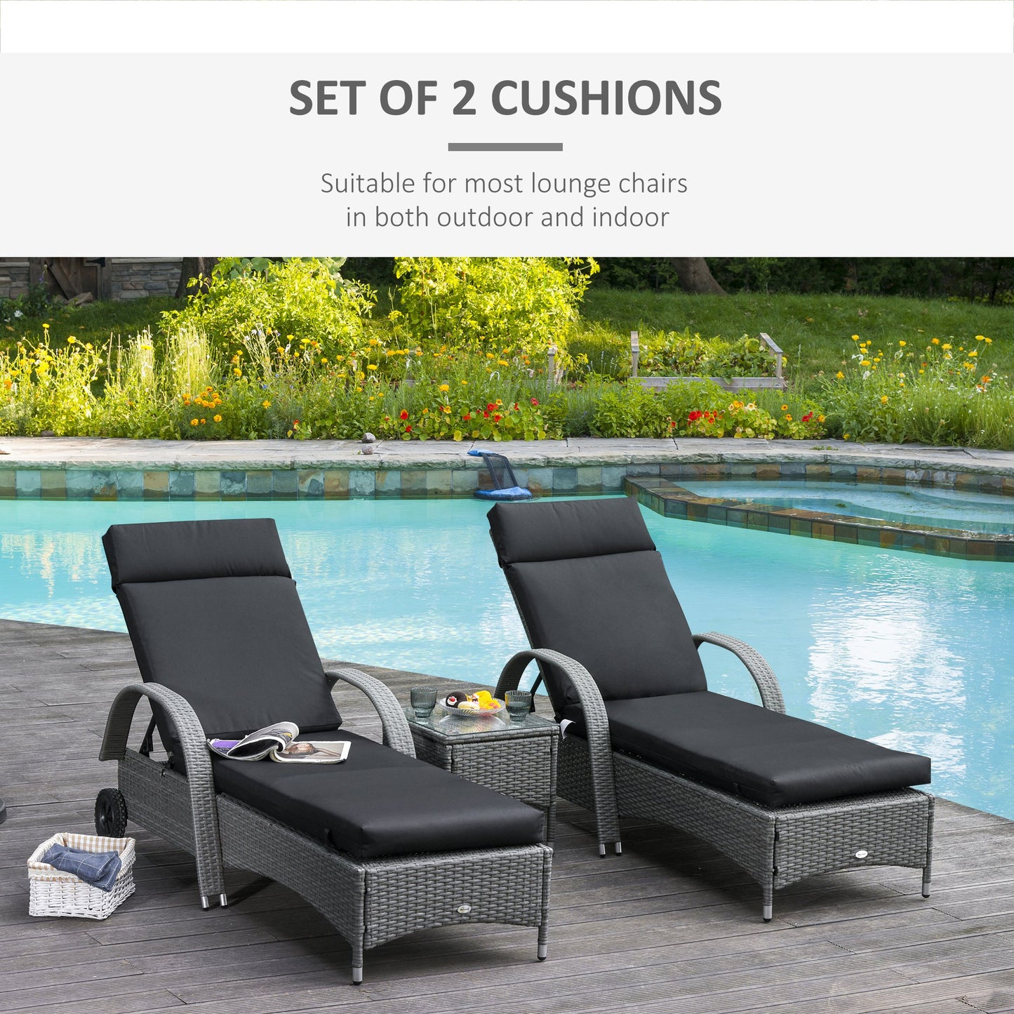 Outsunny Set of 2 Sun Lounger Cushion Non-Slip Seat Pads for Indoor Outdoor Black