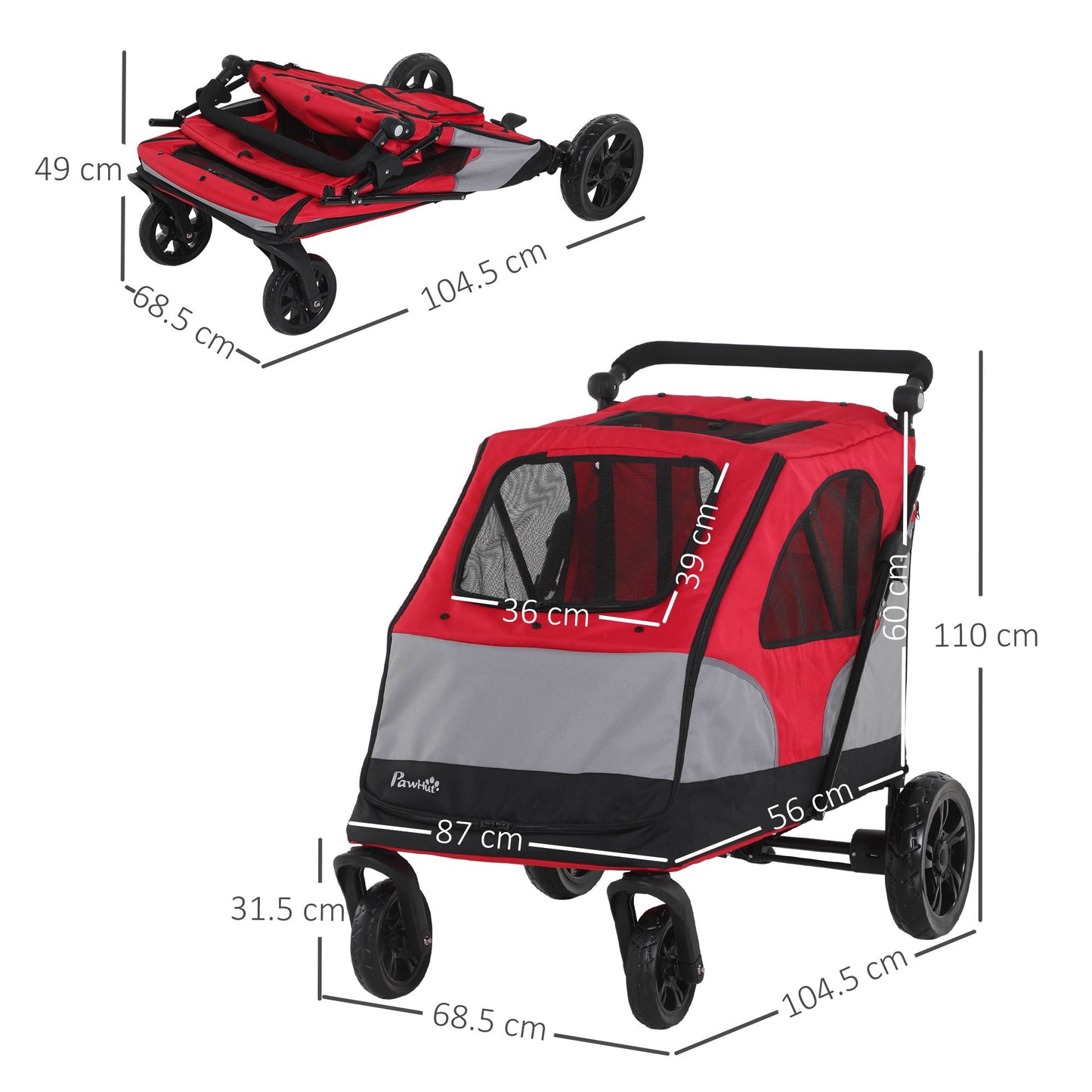 PawHut Pet Stroller Dog Foldable Travel Carriage with Adjustable Handle Red