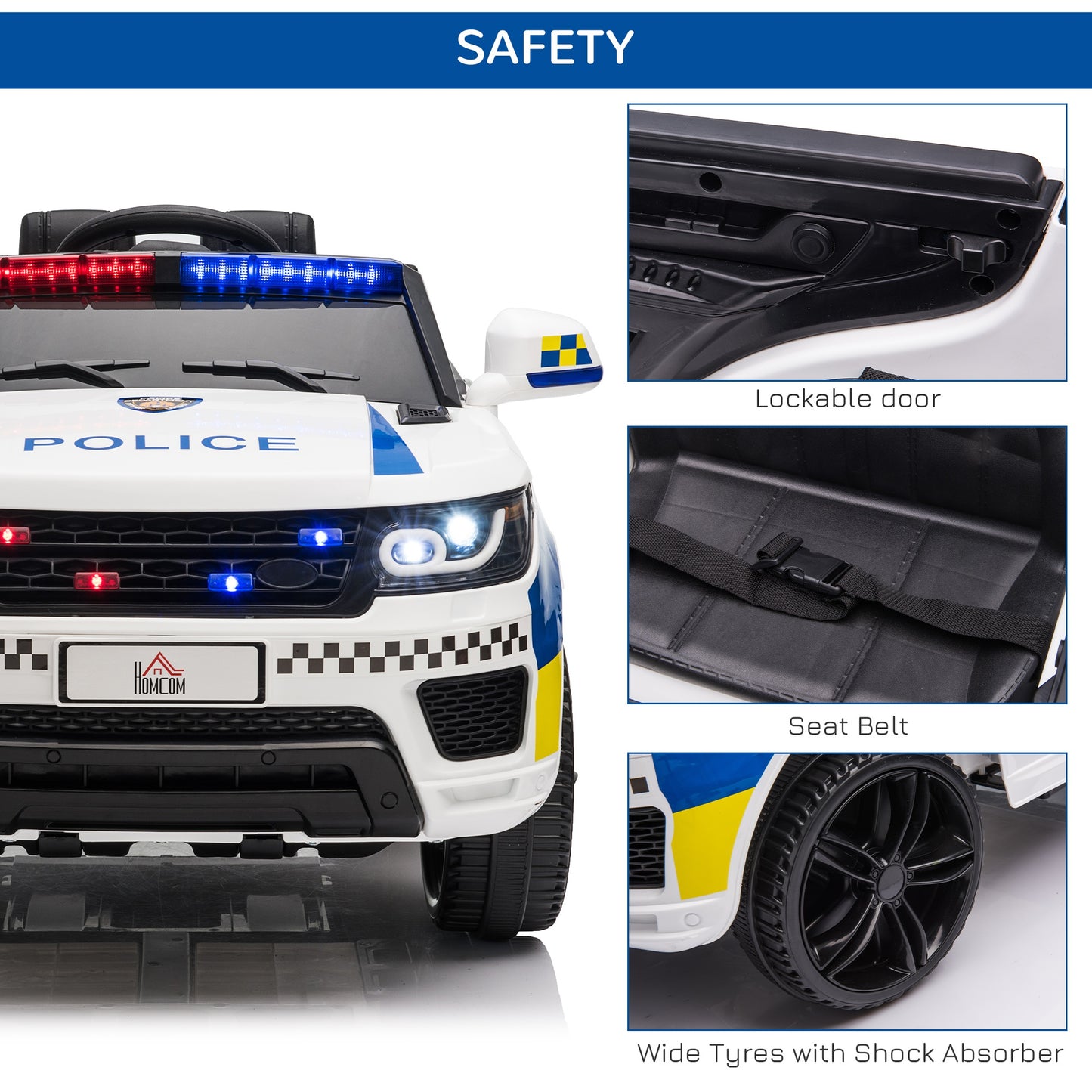 HOMCOM 12V Kid Electric Ride On Police Car w/ Remote Siren Light Bluetooth 3-6 Years