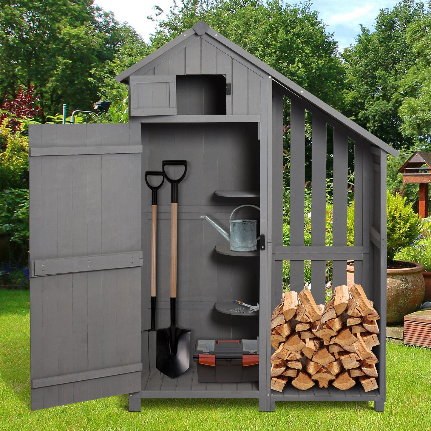 Outsunny 1.8 x 4.2ft Fir Wood Garden Shed with Outside Storage - Grey