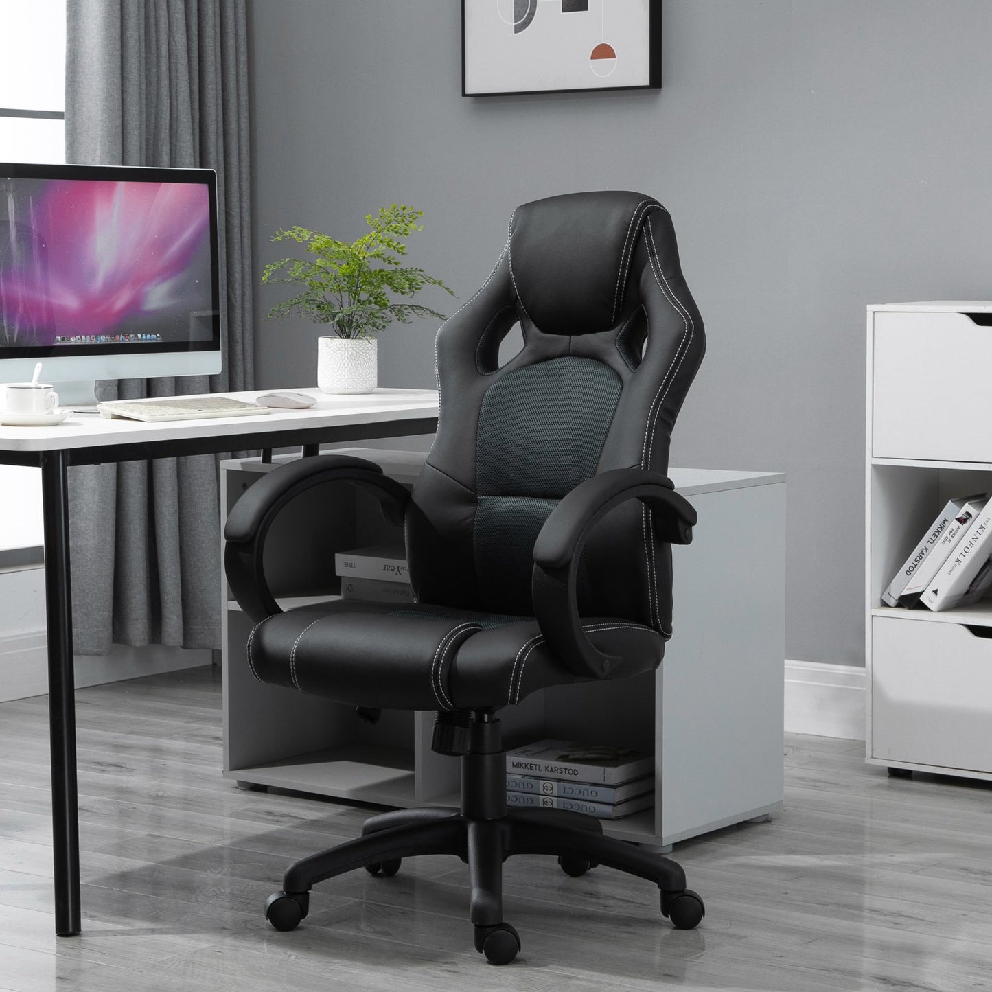 HOMCOM Racing Chair Gaming Sports Swivel Leather Office PC Chair Height Adjustable-Black