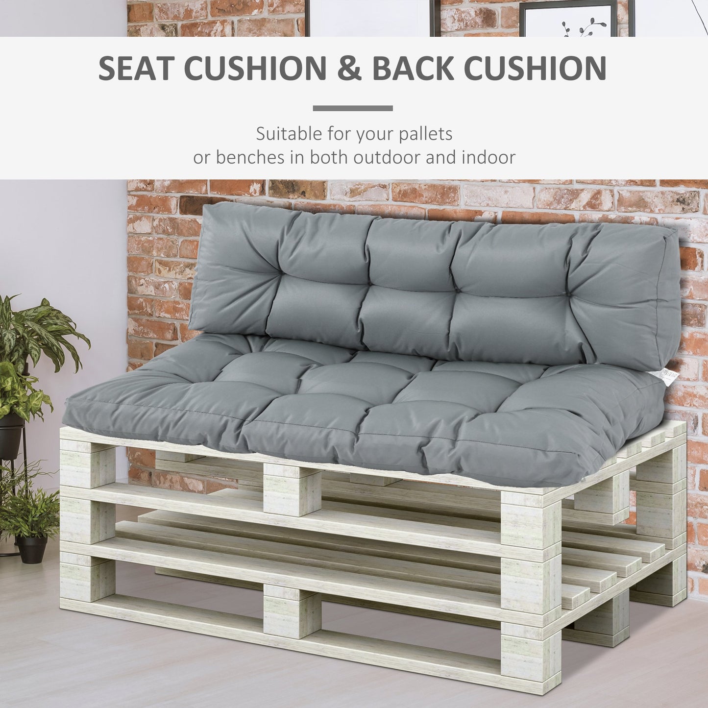 Outsunny 2Pcs Garden Tufted Pallet Cushions Seat Pad Back Cushion Indoor Outdoor Grey