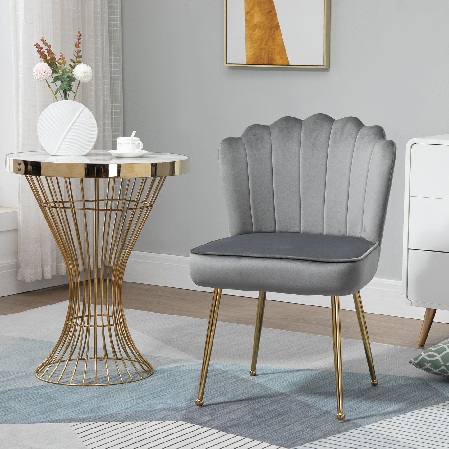 HOMCOM Accent Chair Velvet-Touch Vanity Chair Makeup Chair Golden Metal Legs Grey