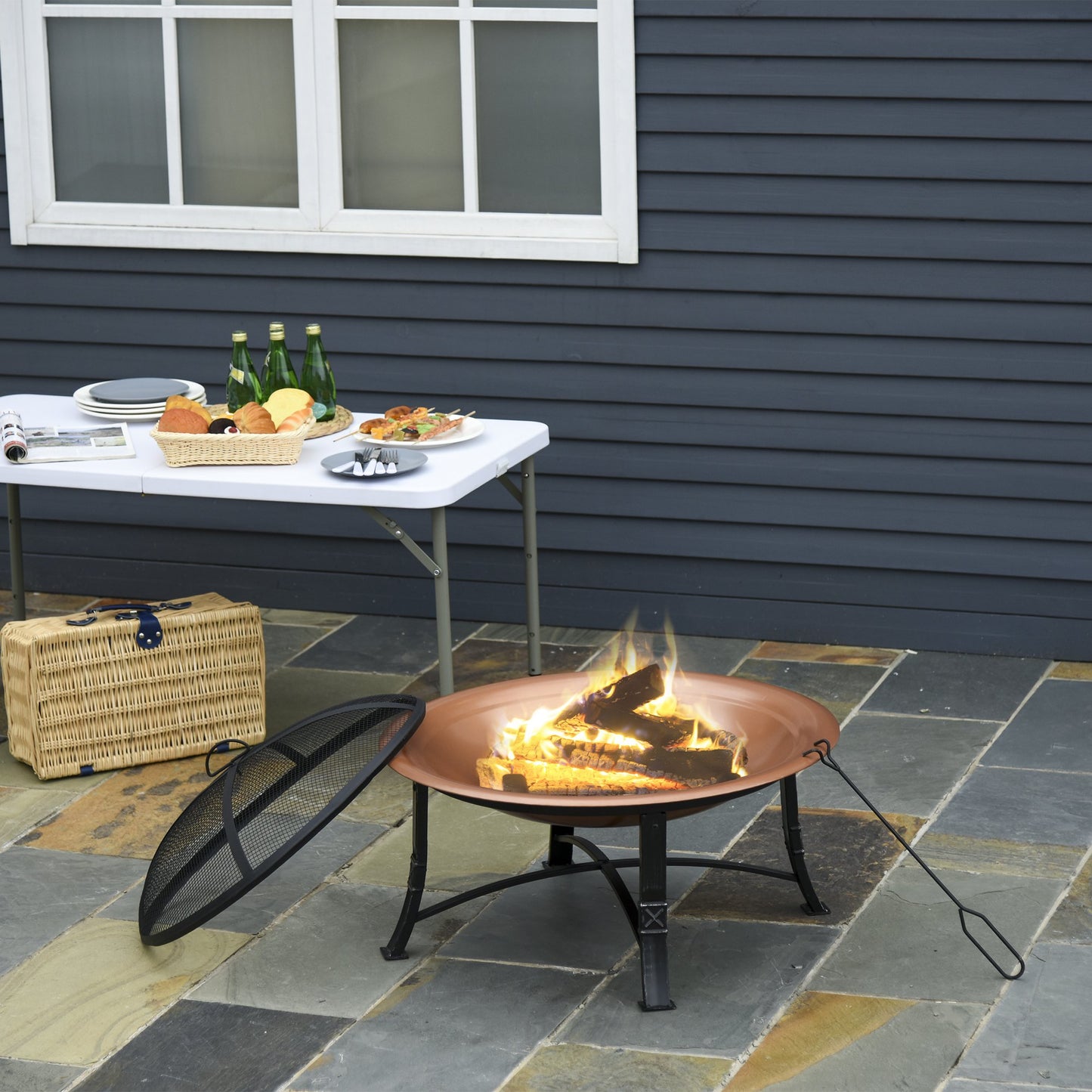 Outsunny Steel Outdoor Patio Fire Pit Wood Log Burning Heater with Poker, Grate Backyard