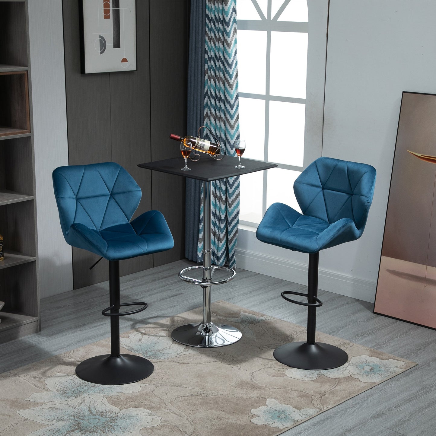 HOMCOM Set Of 2 Luxurious Velvet - Touch Kitchen Bar Stools w/ Metal Frame Footrest Base Blue