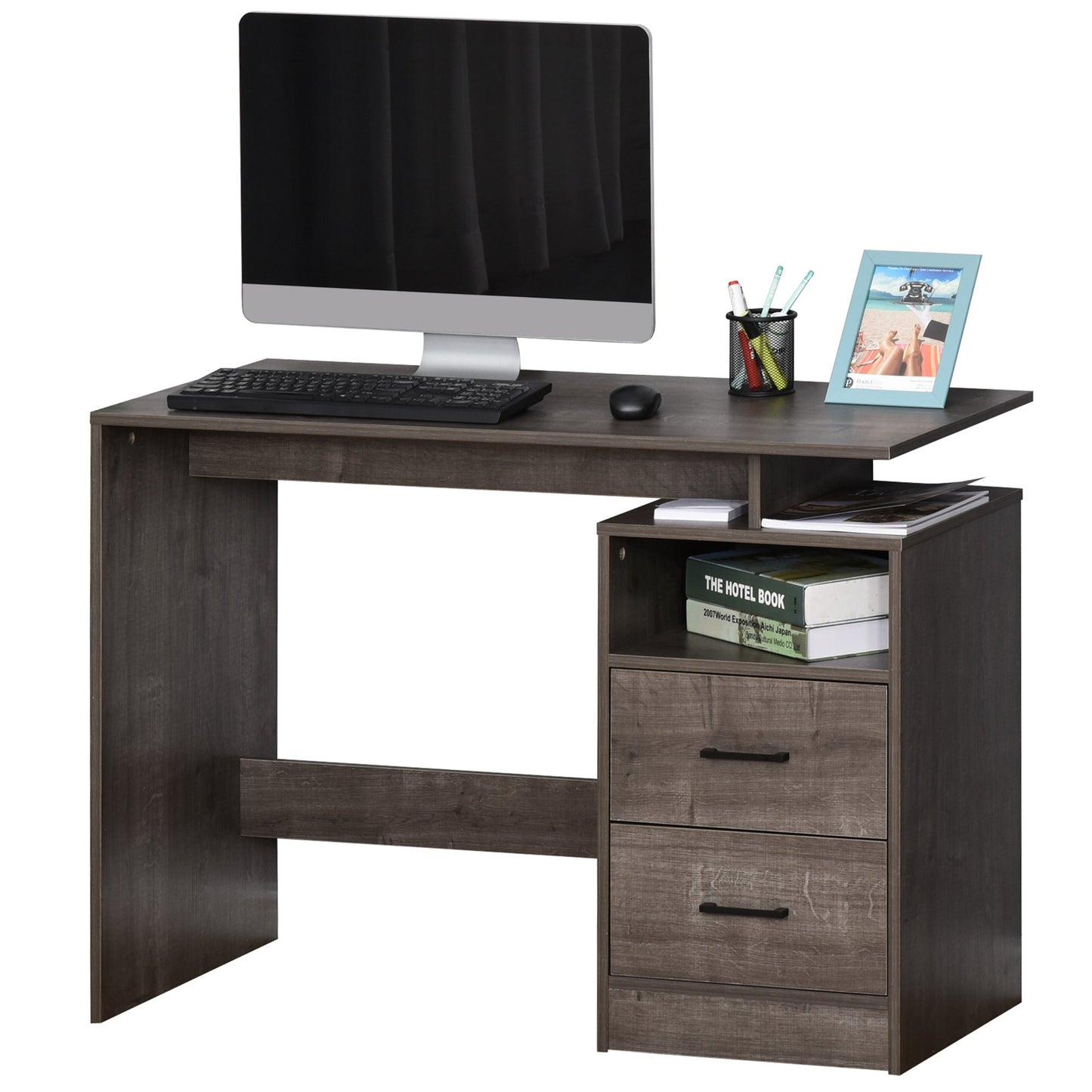 HOMCOM Computer Desk w/shelf, Drawers-Grey wood color