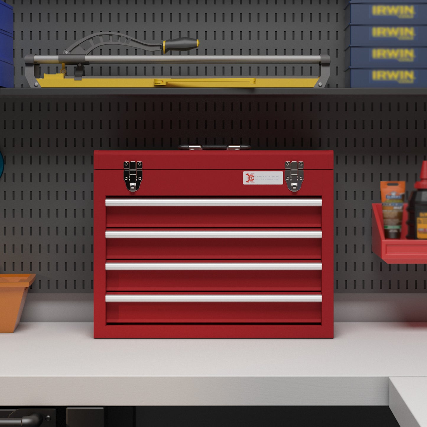 DURHAND Lockable Metal Tool Box 4 Drawer Tool Chest with Latches Handle Ball Bearing Runners Red