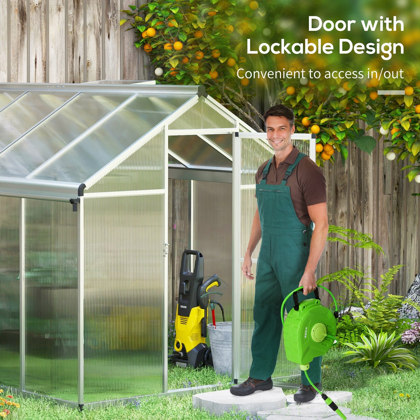 Outsunny 6 x 8ft Polycarbonate Greenhouse with Rain Gutters, Large Walk-In Green House with Door and Window, Garden Plants Grow House with Aluminium Frame and Foundation