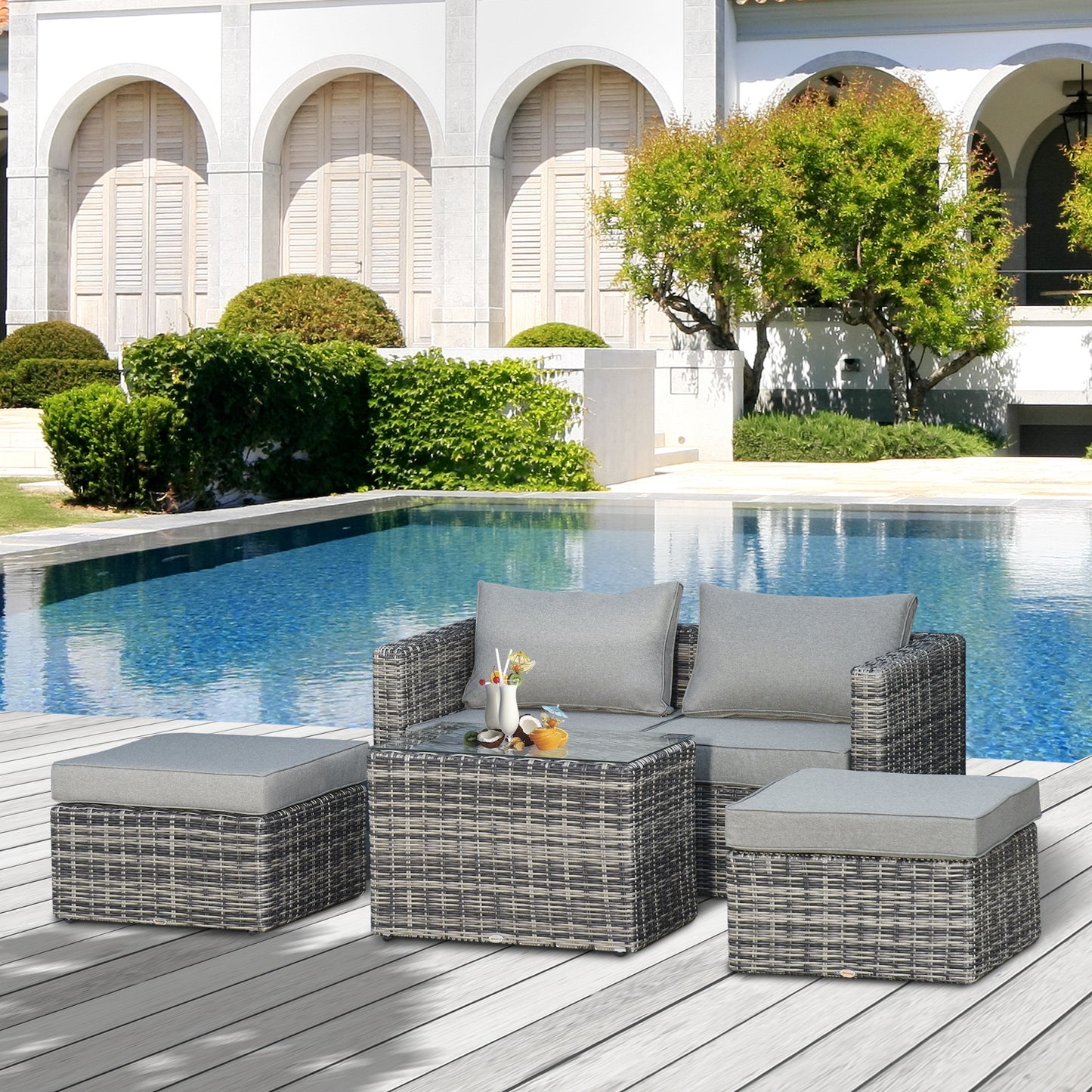 Outsunny 5 Pcs Rattan Garden Furniture Set Tall Glass-Top Table Aluminium Frame Grey