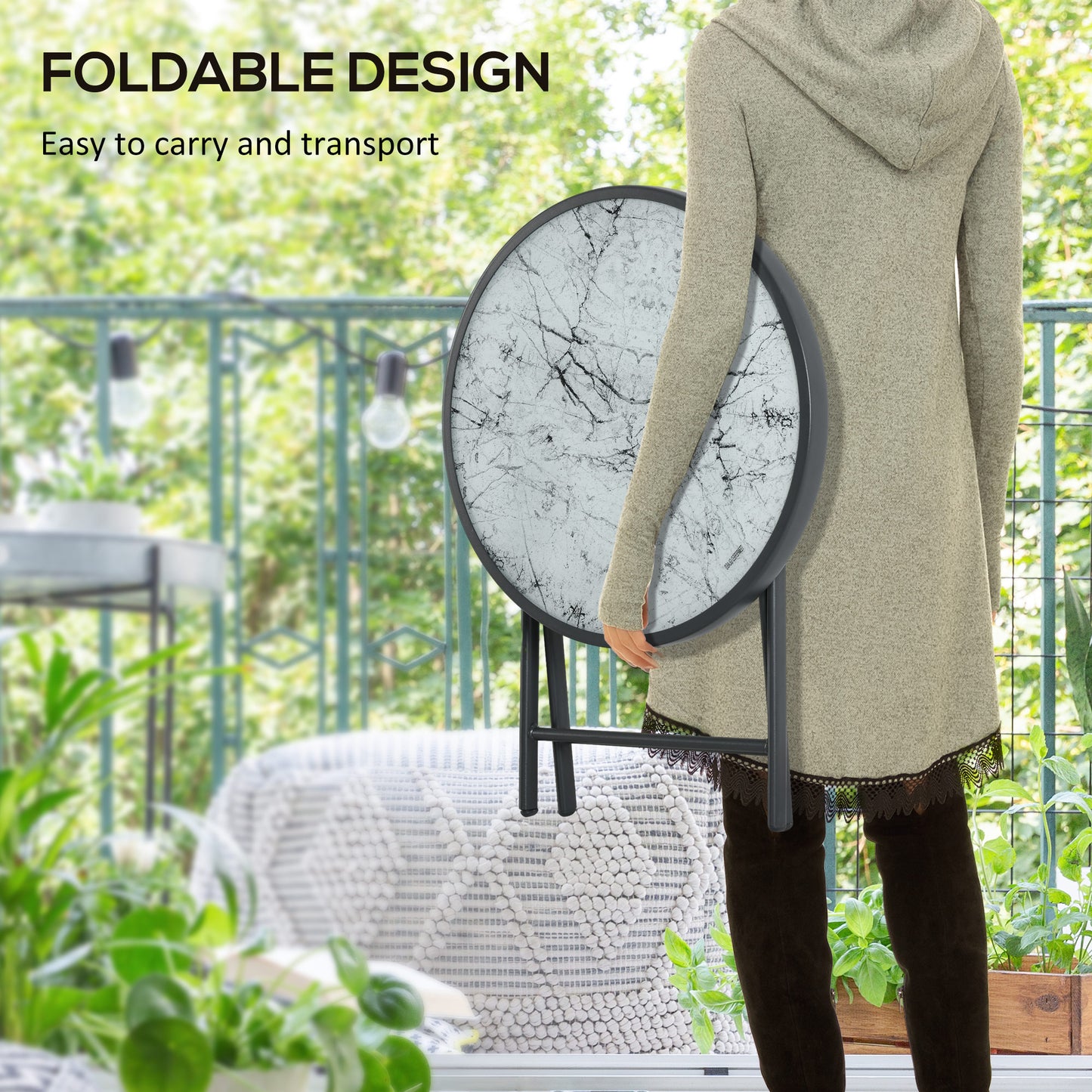 Outsunny Φ45cm Outdoor Side Table Round Folding Patio Table with Imitation Marble Glass Top Small Coffee Table White