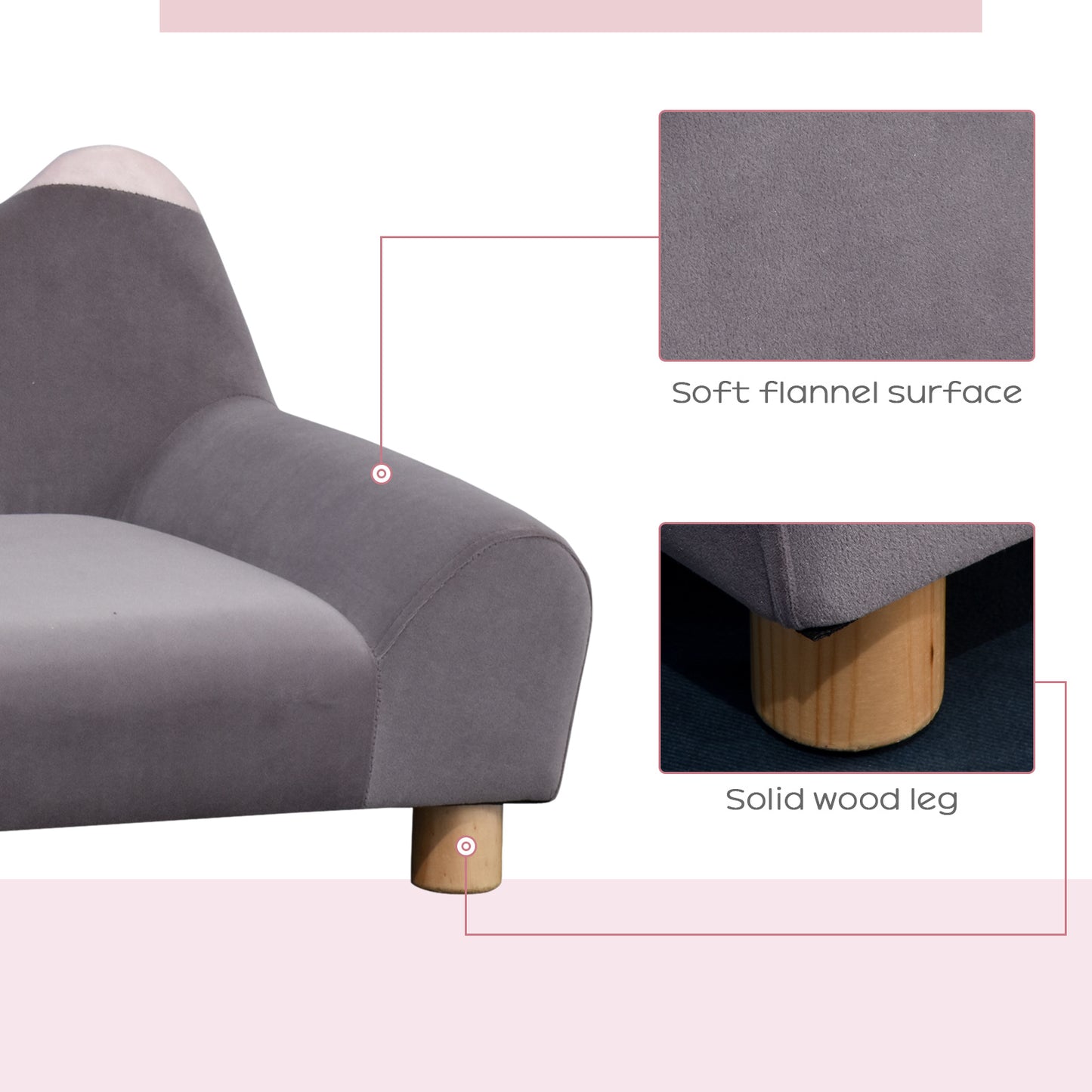 PawHut Pet Sofa Couch, Velvet-Touch Dog Bed, Cat Lounger w/ Four Wooden Legs 63x43x36 cm - Grey