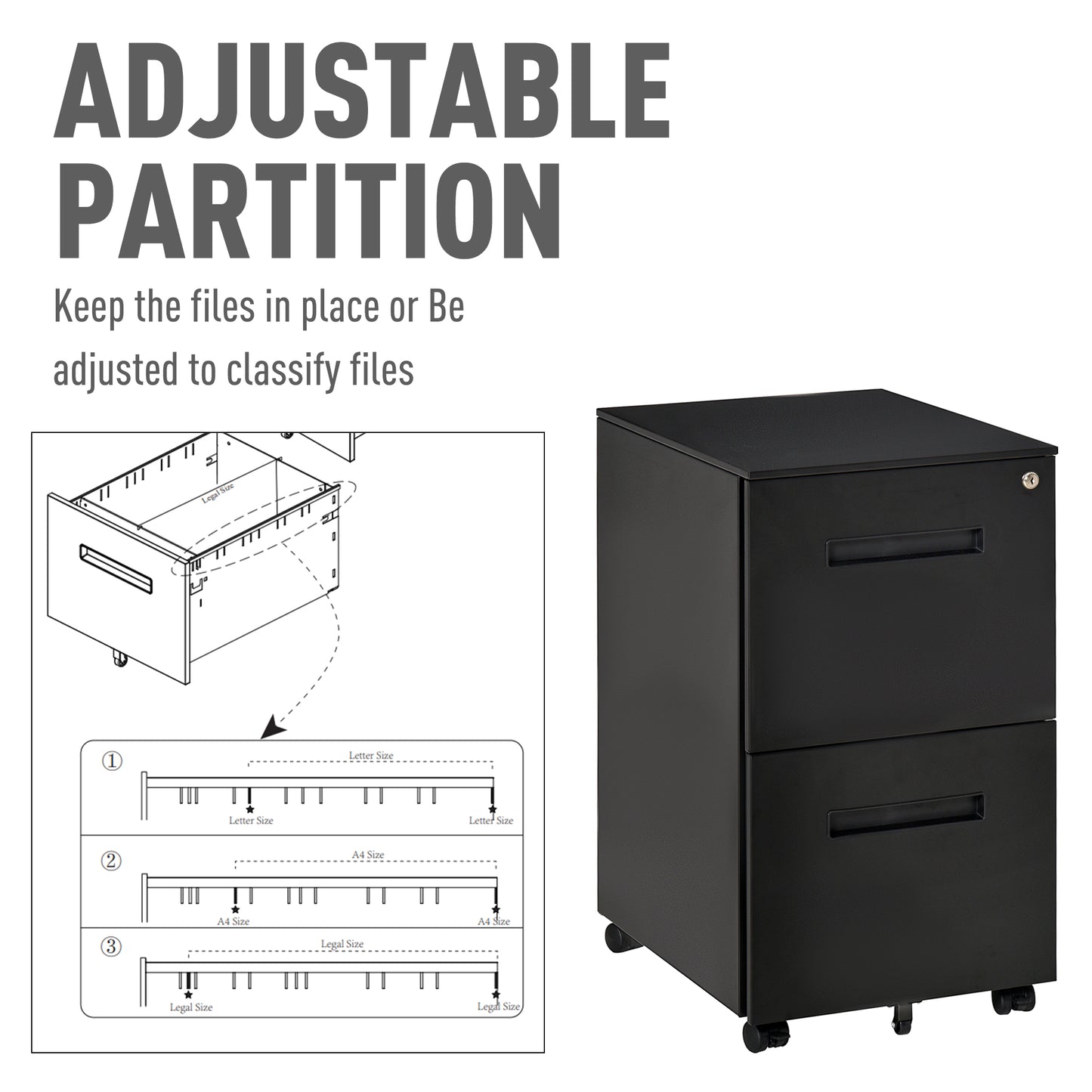 Vinsetto 67cm Mobile File Cabinet Vertical Home Office Organizer Filing Furniture with Adjustable Partition for A4 Letter Size, Lockable for Office, Bedroom and Living Room, Black w/ Hanging Folder