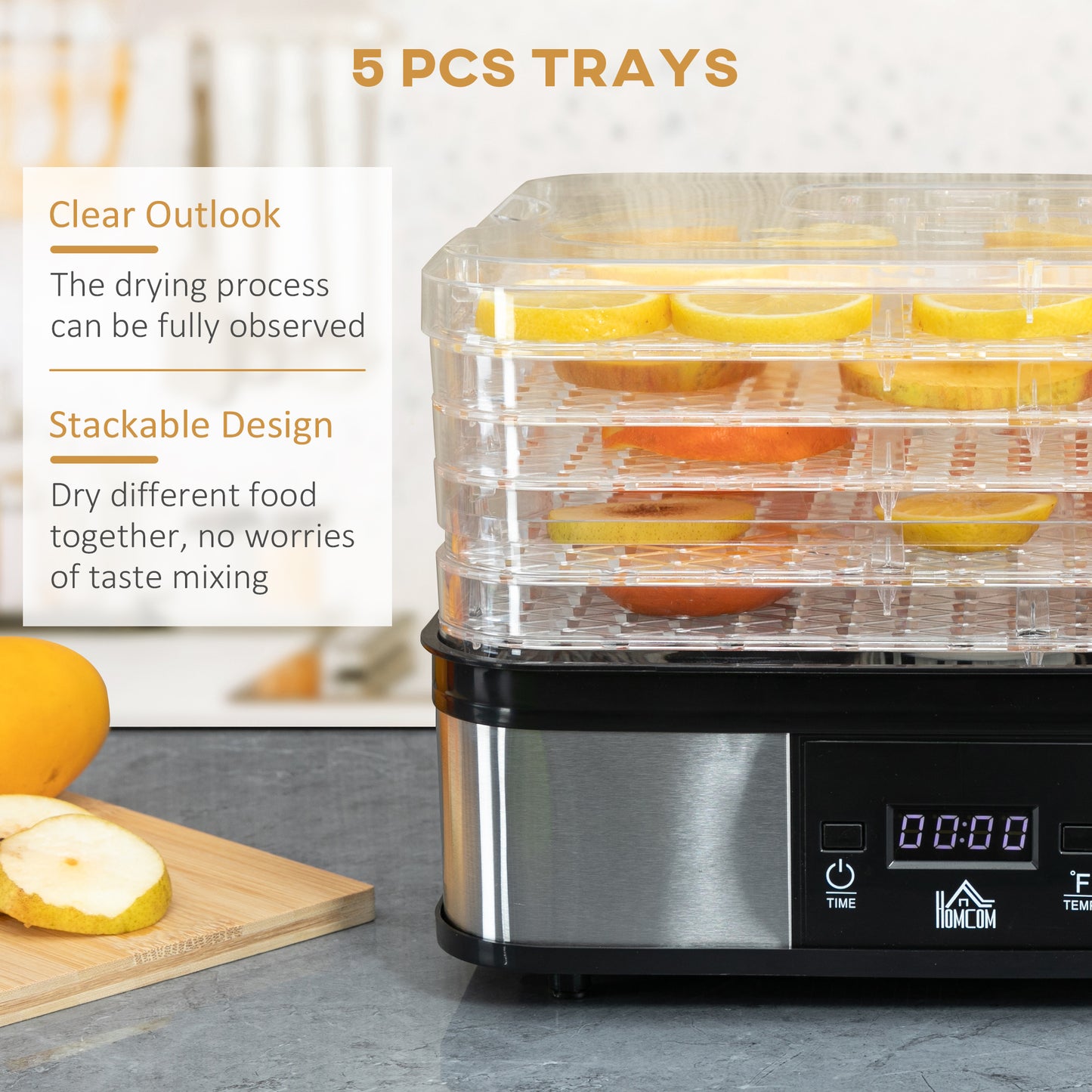 HOMCOM 5 Tier Food Dehydrator, 245W Stainless Steel Food Dryer Machine with Adjustable Temperature, Timer and LCD Display for Drying Fruit, Meat, Vegetable, Jerky and Pet Treat, Silver