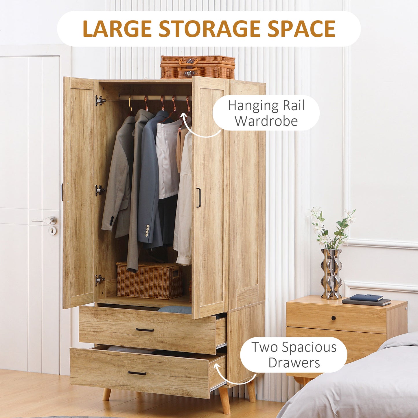 HOMCOM 2 Door Wardrobe, Modern Wardrobe with 2 Drawer and Hanging Rail for Bedroom, Natural