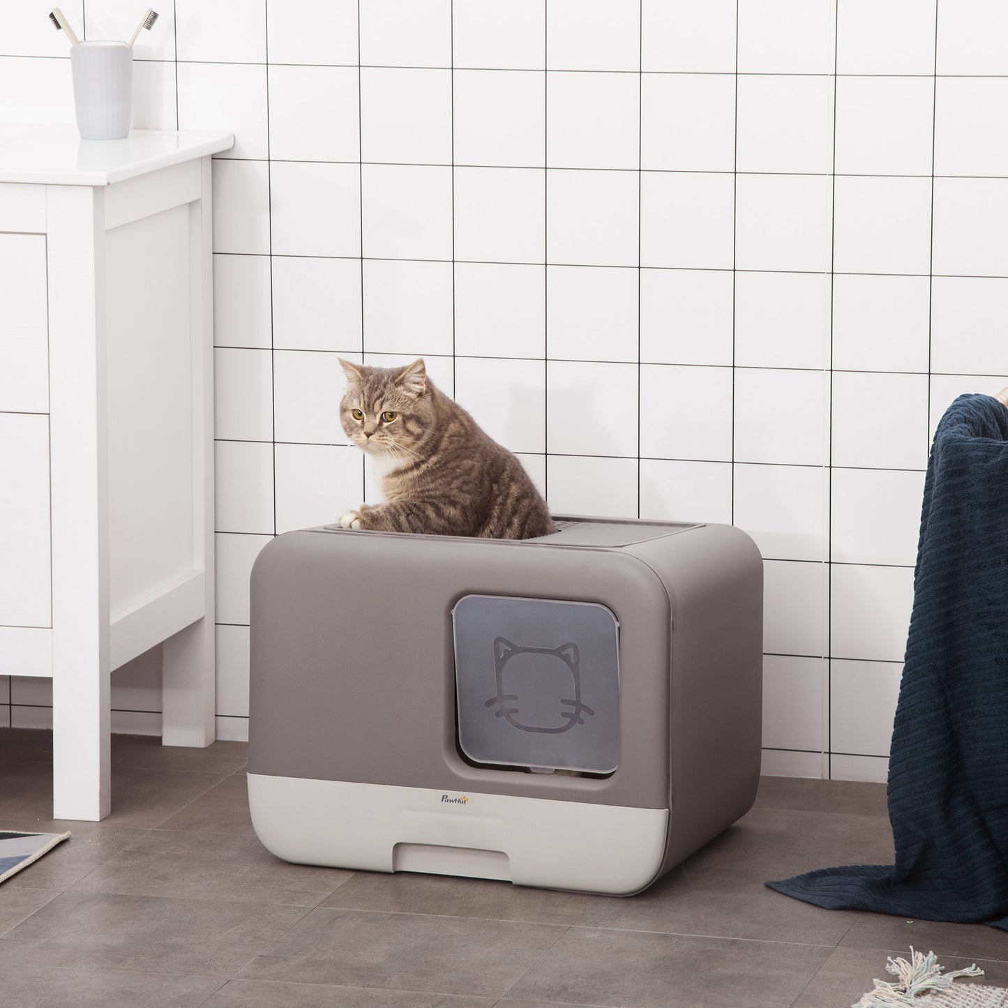 PawHut Cat Litter Box Portable Pet Toilet Fully Enclosed Kitten Pan with Scoop Purple