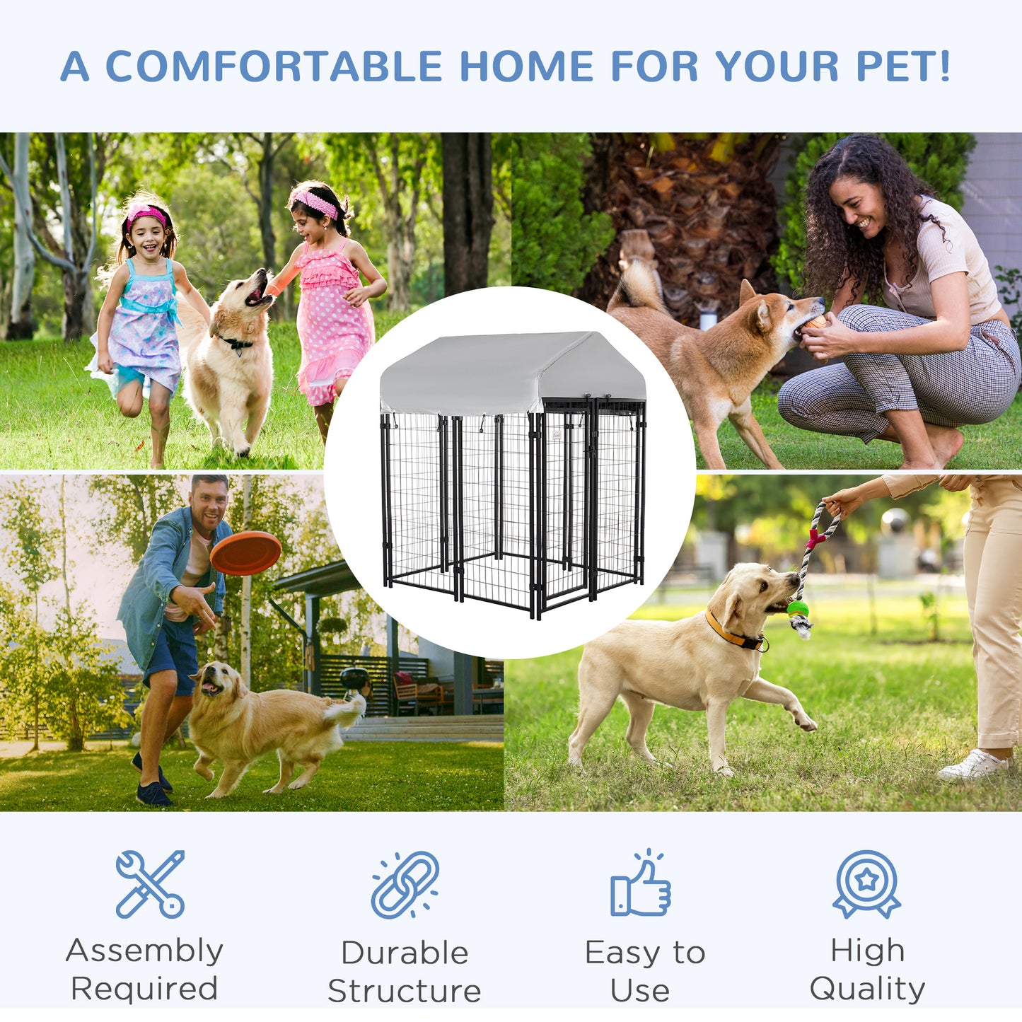 PawHut Outdoor Dog Kennel, Dog Run with UV-Resistant Canopy & Lockable Design, Metal Playpen Fence for Small and Medium Dogs, 120 x 120 x 138 cm