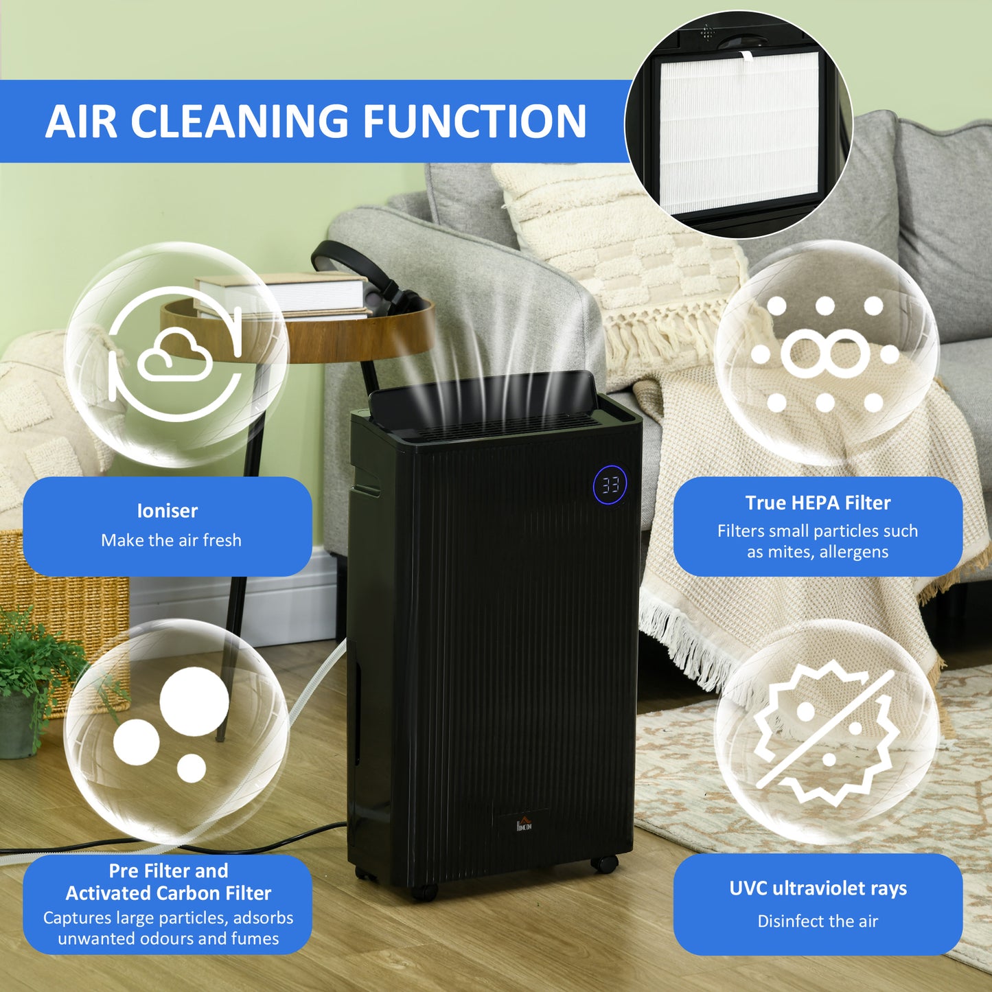 HOMCOM 5500mL Portable Dehumidifier with Air Purifier, UVC, Ioniser, 24H Timer, 5 Modes, 16L/Day, for Home Laundry, Black