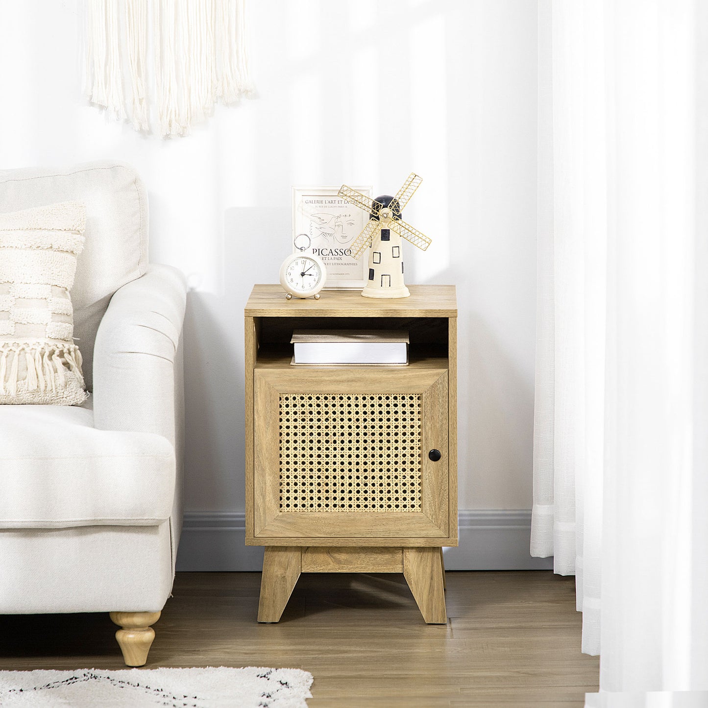 HOMCOM Bedside Table with Rattan Element, Side End Table with Shelf and Cupboard, 39cmx35cmx60cm, Natural