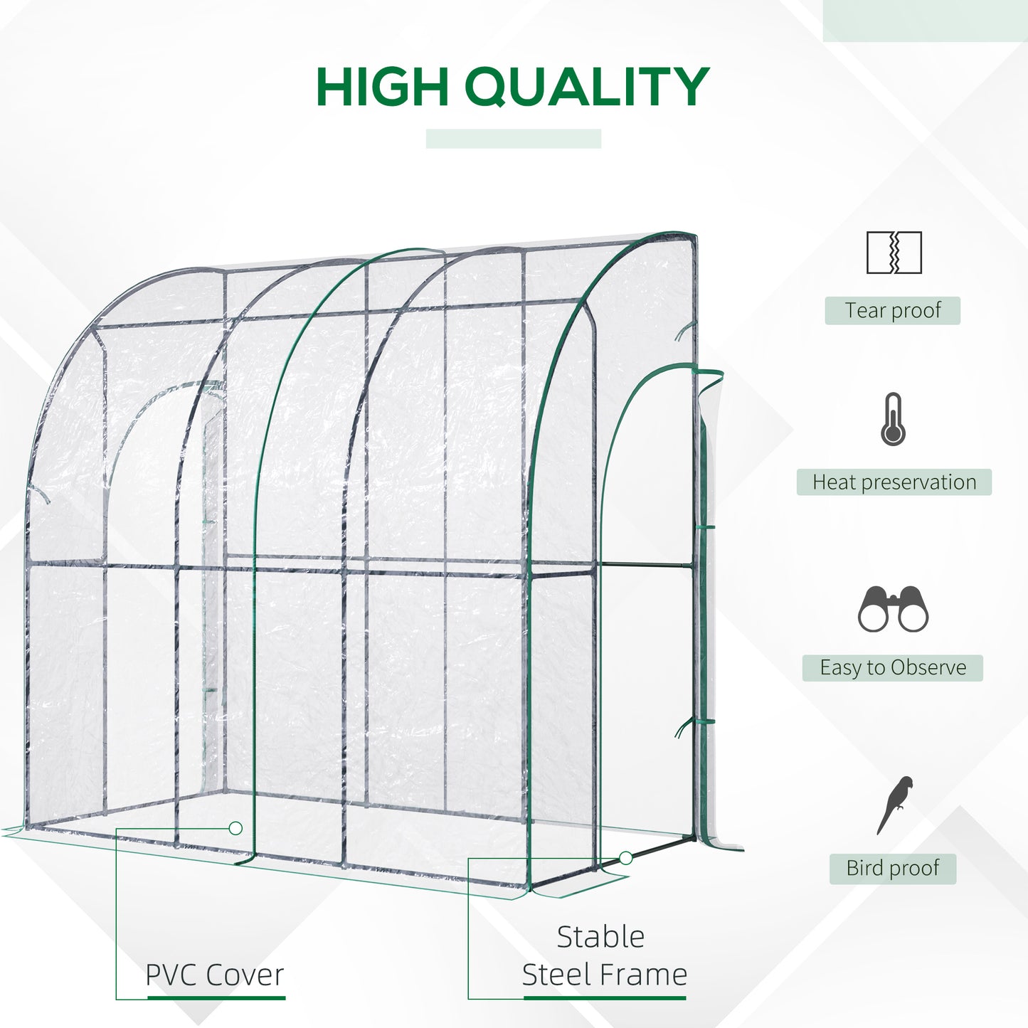 Outsunny Outdoor Walk-In Lean to Wall Tunnel Greenhouse with Zippered Roll Up Door PVC Cover Sloping Top, Clear, Green 214cm x 118cm x 212cm