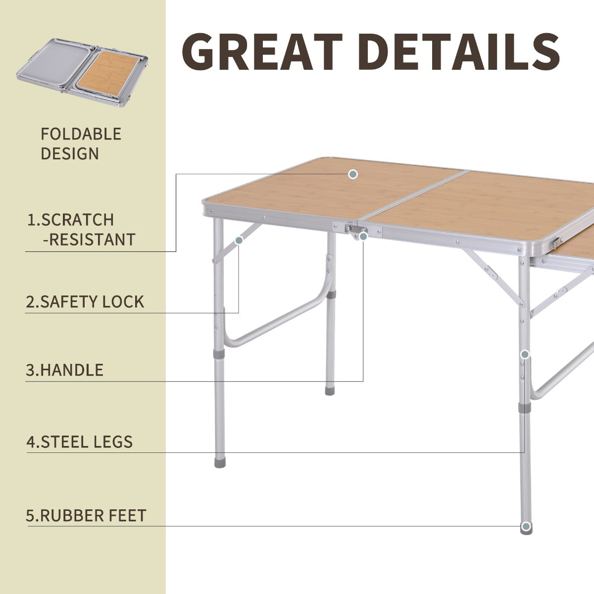 Outsunny 3ft Aluminium MDF-Top Folding Picnic Table Portable Camping Table