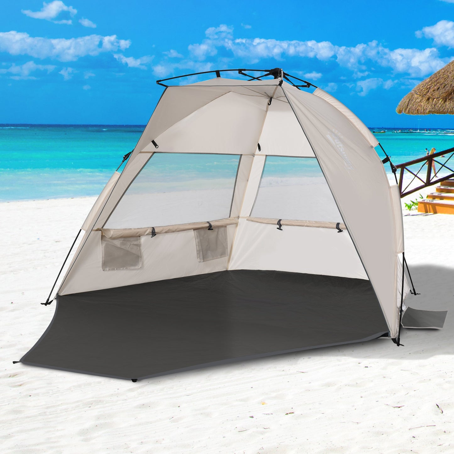 Outsunny Beach Tent for 1-2 Person Pop-up Design with 3 Mesh Windows & Carrying Bag Cream