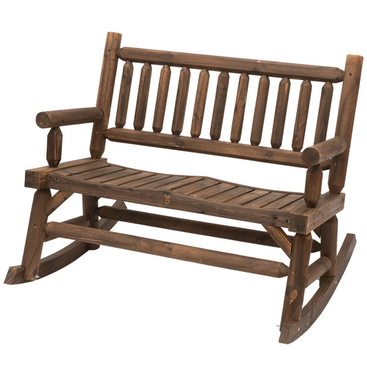 Outsunny 2-Seat Rocking Bench Wood Frame Rough-Cut Log Loveseat Slatted Dark Stain Brown