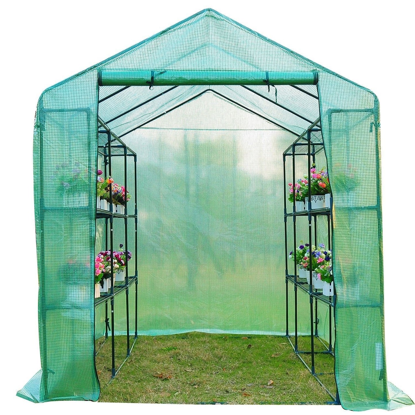 Outsunny Greenhouse W/ Shelves, Polytunnel, 244 x 182 x 213 cm-Green