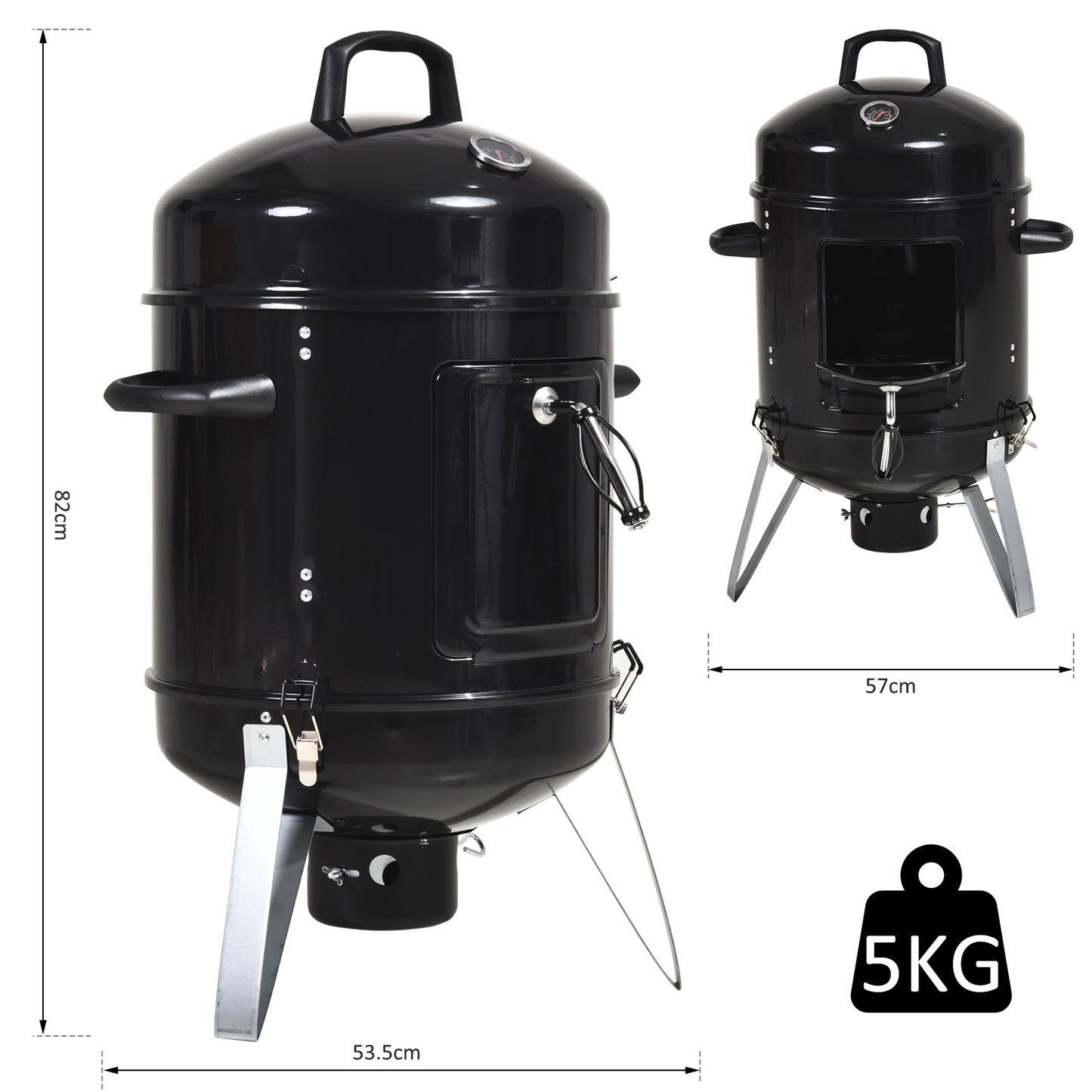 Outsunny Steel 3 in 1 Charcoal Smoker Grill w/ Thermostat Black