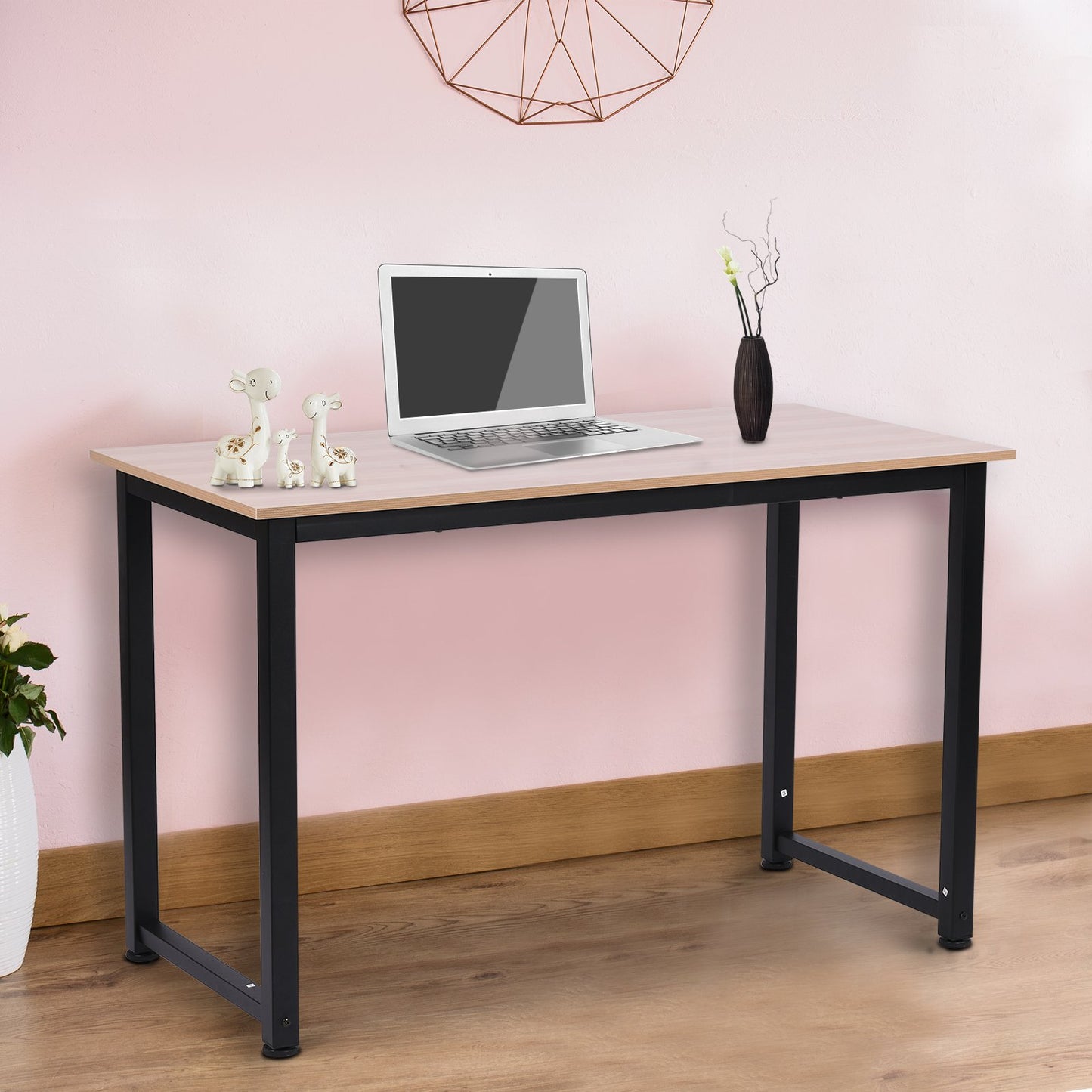 HOMCOM Computer Desk W/ Black Metal Frame MDF, 120W x 60D x 76Hcm-Oak Grain Tone