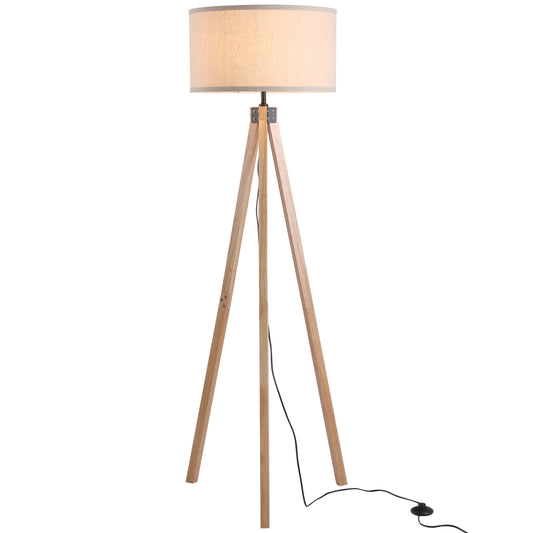 HOMCOM Rubber Wood Tripod Floor Lamp Beige