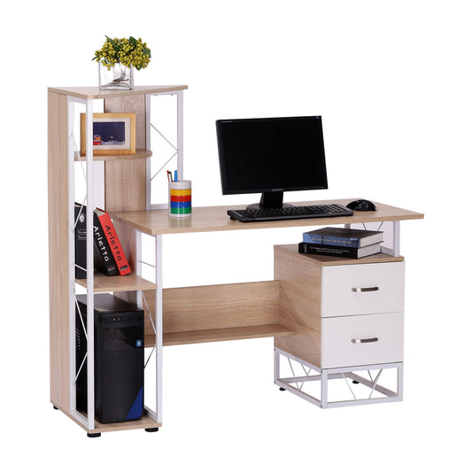 HOMCOM Workstation W/Drawer, Shelves-Oak/White