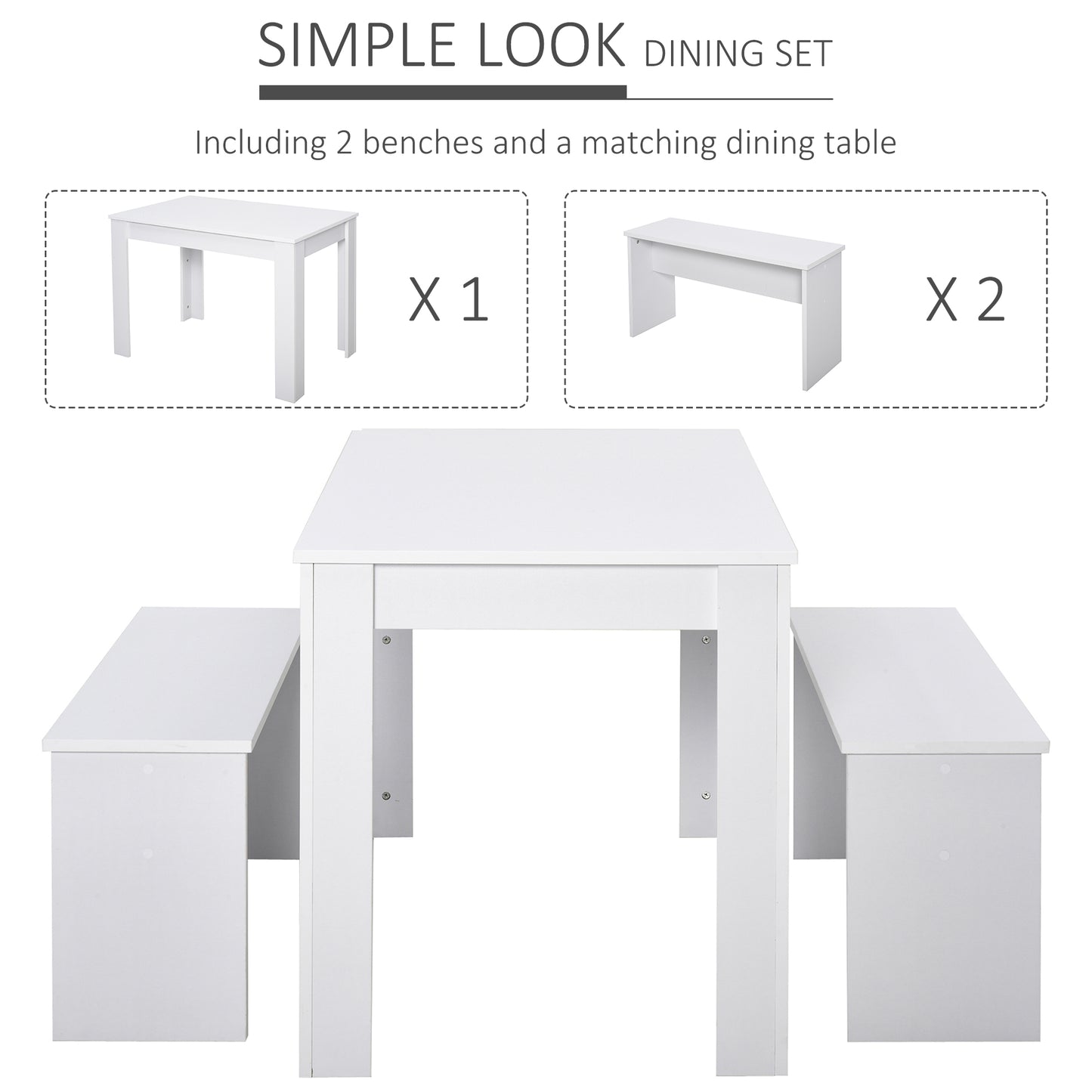 HOMCOM Particle Board 3-Piece Dining Set Dining Table with Benches White