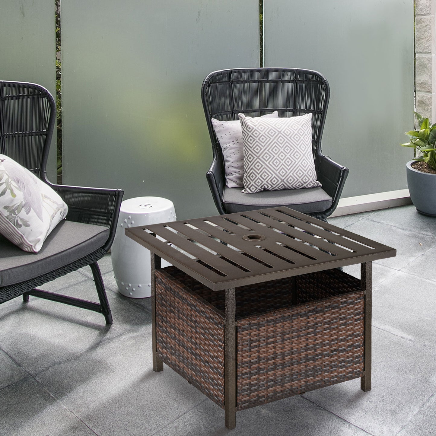 Outsunny Outdoor Rattan Wicker Coffee Table w/ Umbrella Hole Suitable for Garden Backyard