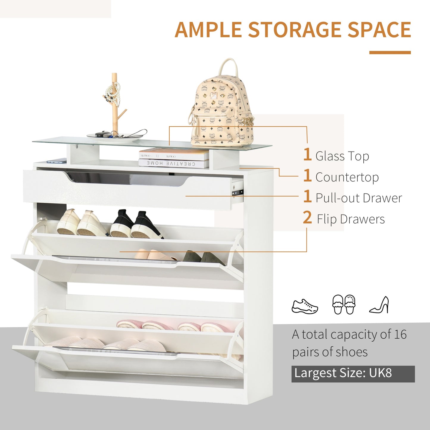 HOMCOM Shoe Cabinet with 3 Drawers Storage Cupboard w/ Flip Door Glass Top Gloss White