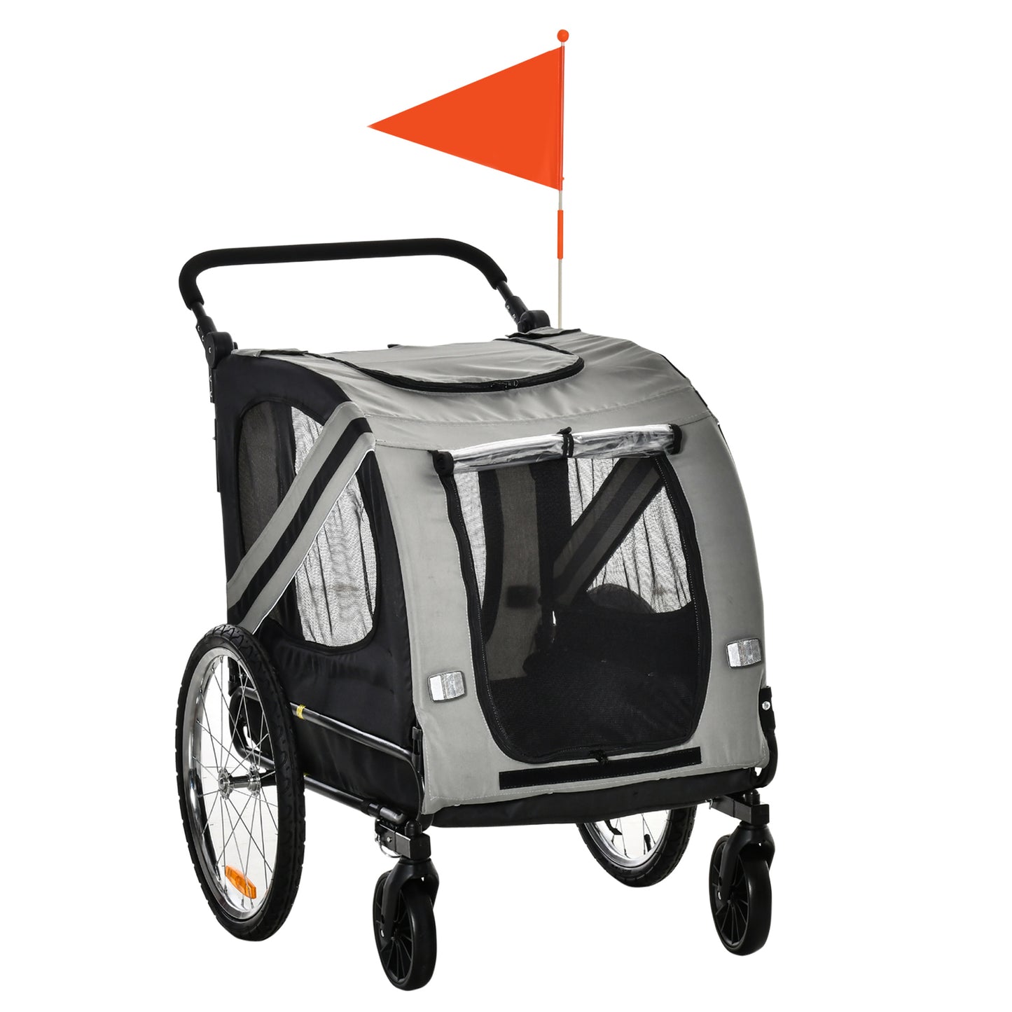 PawHut 2-In-1 Dog Bike Trailer Pet Stroller with Universal Wheel Reflector Flag Grey