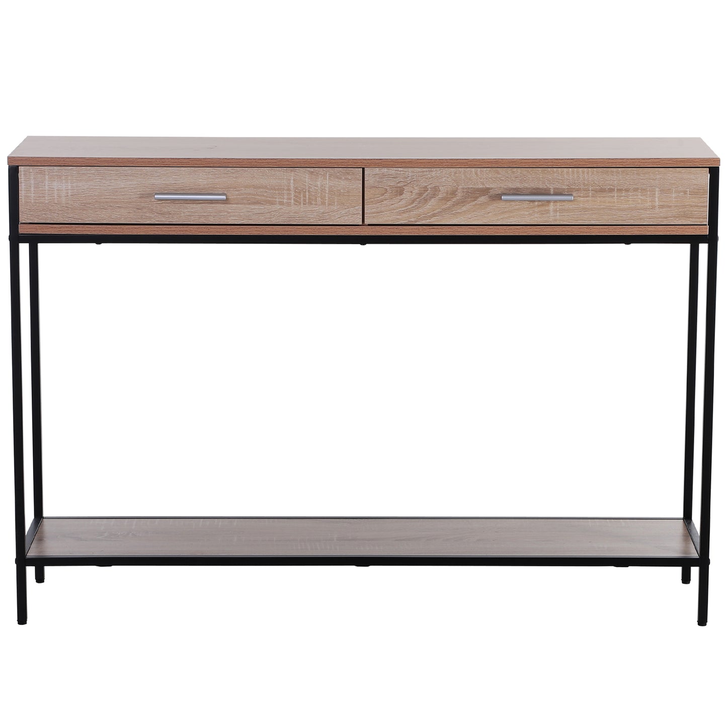 HOMCOM Industrial Console Table Narrow Worktop w/ Bottom Shelf & Two Drawers Oak Wood