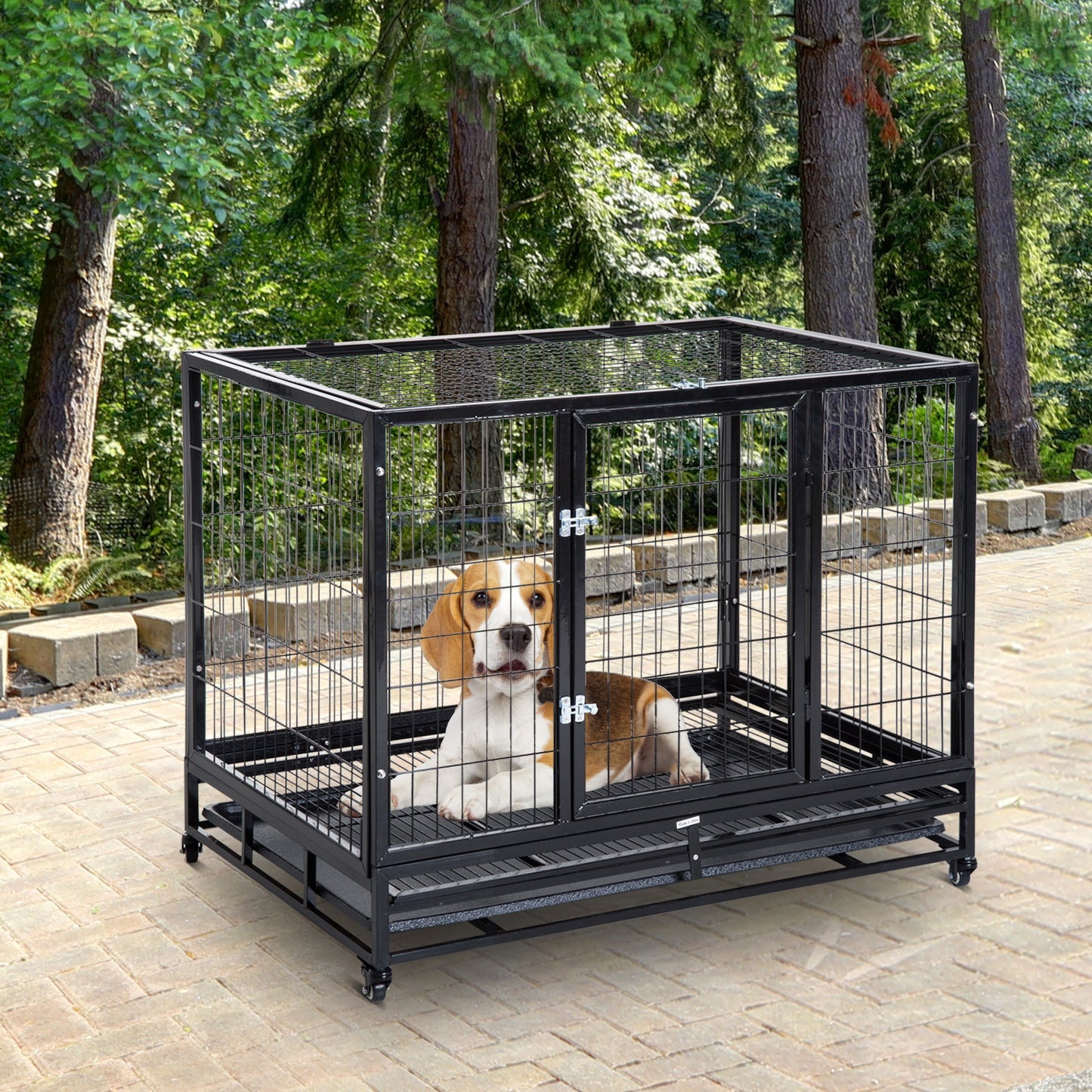 Pawhut Metal Kennel Cage W/Wheels and Crate Tray, 109Lx76Wx87H cm