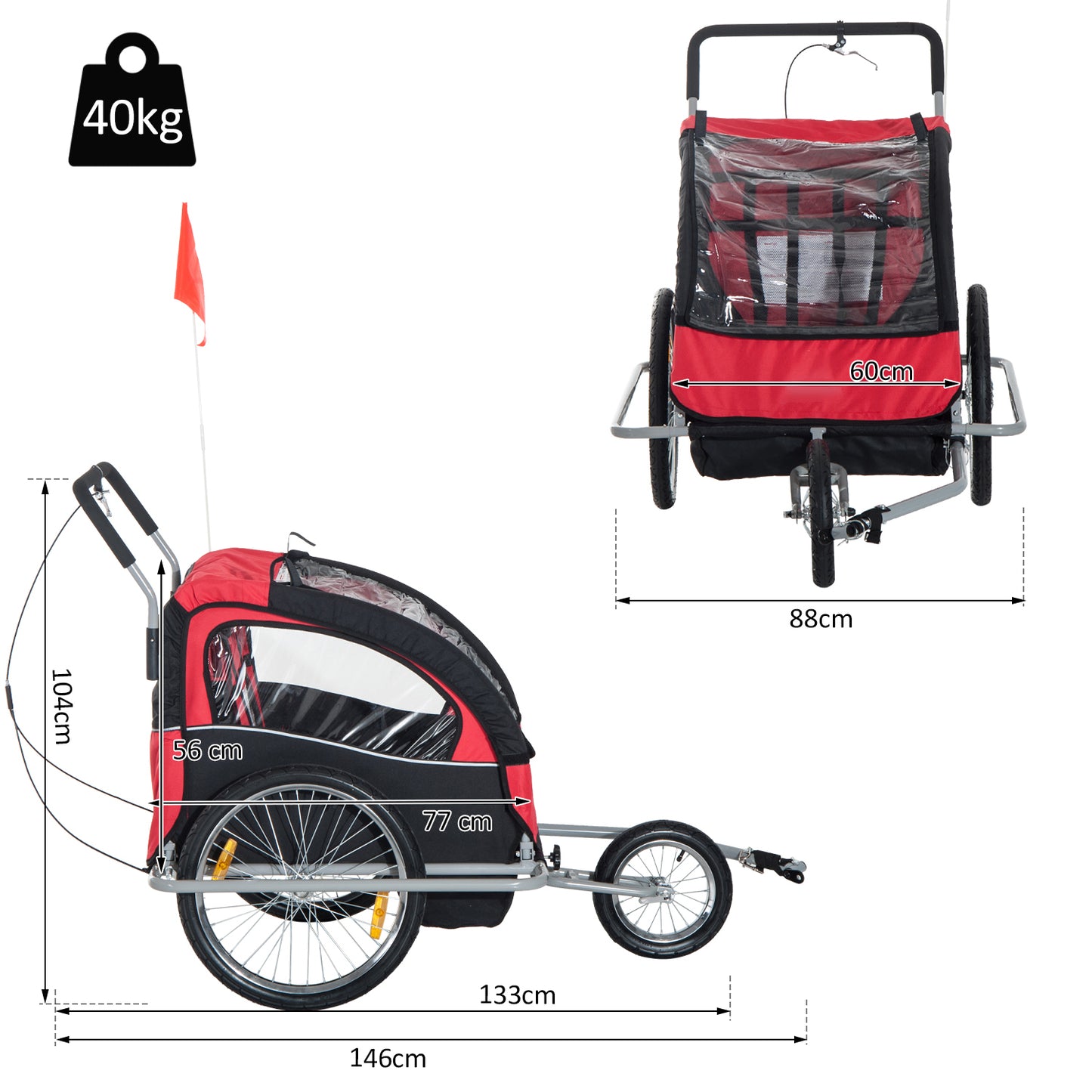 HOMCOM 2 in 1 Trailer for Kids Child Bike Carrier, 2-Seater-Red