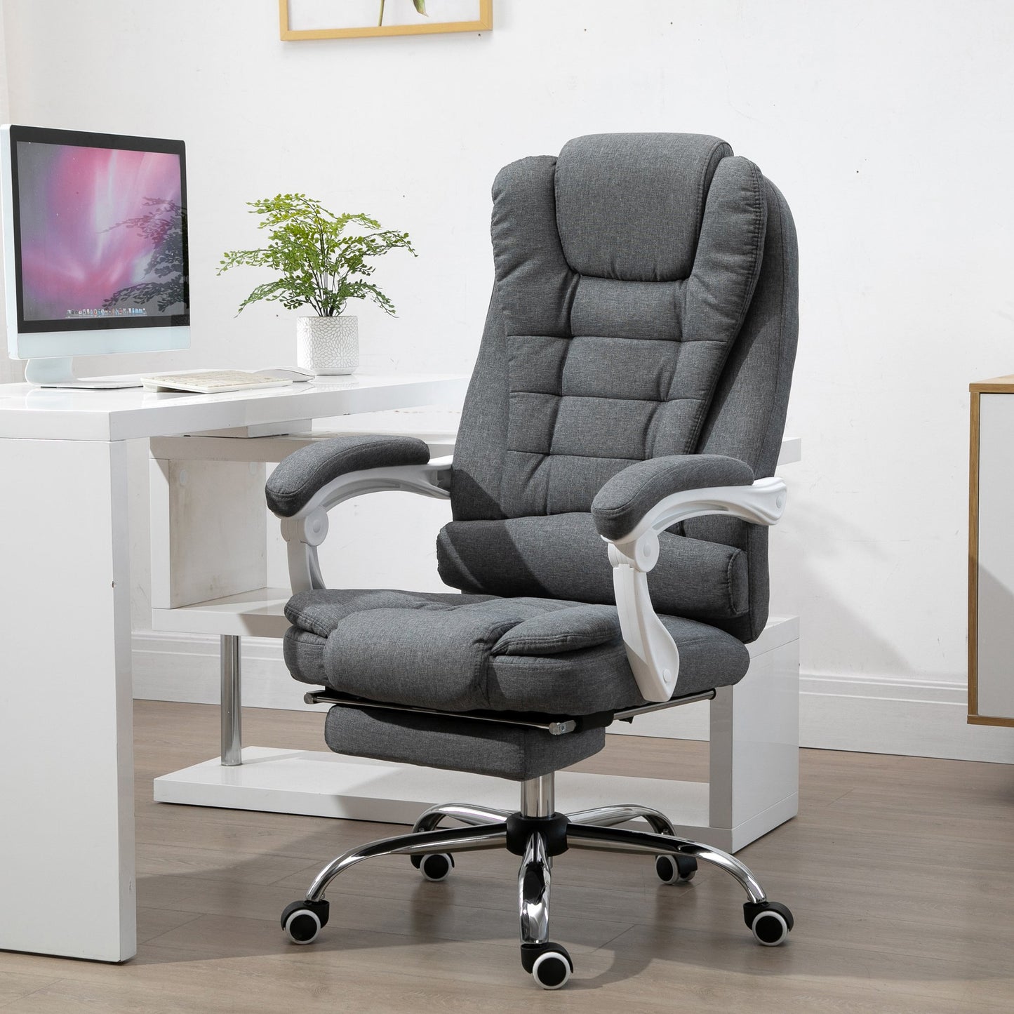 Vinsetto Linen Ergonomic Office Chair w/ Retractable Footrest Gray White