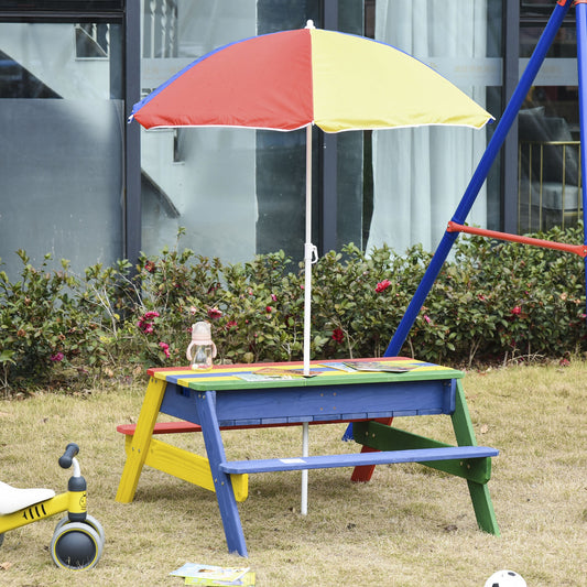 Outsunny Kids Picnic Table Set Wooden Bench with Removable & Height Adjustable Parasol