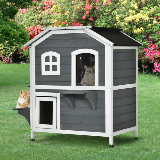 PawHut Cat Condo w/ Tons of Room & Openable Roof, Fir Wood, Outdoor/Indoor Catio Grey