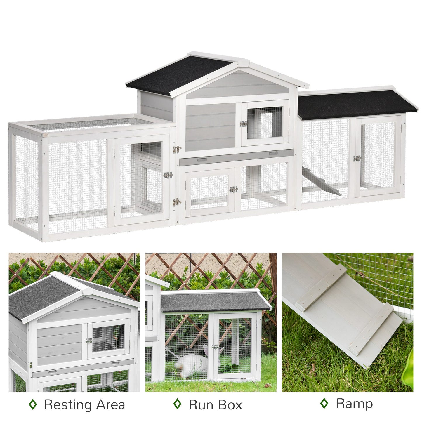 PawHut 2 Tier Wooden Rabbit Hut w/ Tray, Ramps, Run Area, Asphalt Roof for Outdoor Grey