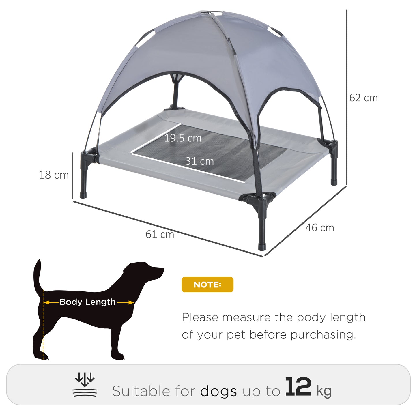 PawHut 61 cm Elevated Pet Bed Dog Foldable Cot Tent Canopy Instant Shelter Outdoor