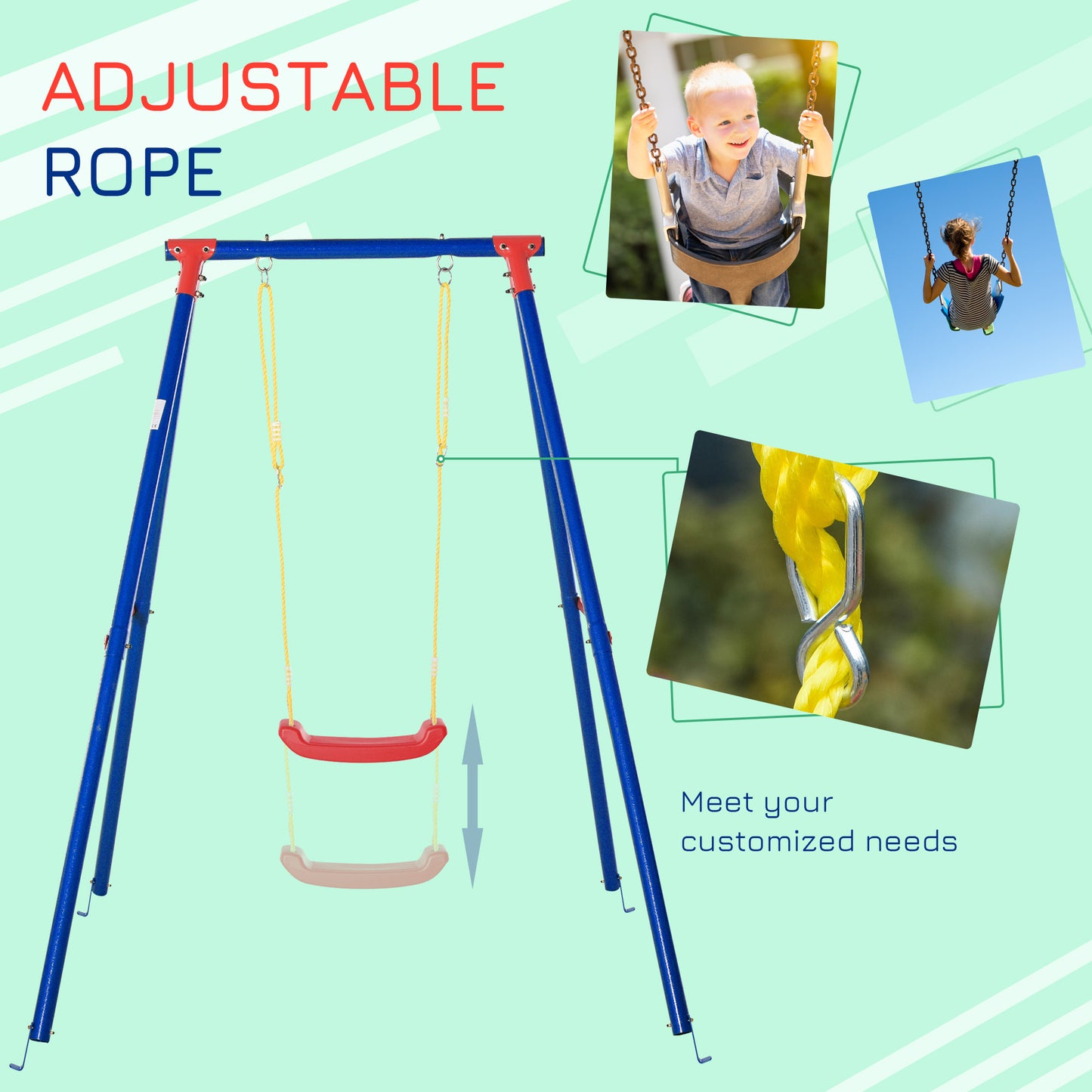 Outsunny Metal Swing Set w/ Adjustable Rope Heavy Duty A-Frame Stand Outdoor Playset