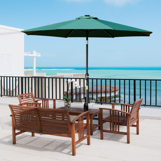 Outsunny 2.7m Patio LED Umbrella with Push Button Tilt/Crank 8 Ribs Sun Shade for Outdoor Table Market Umbrella Green Rib Parasol