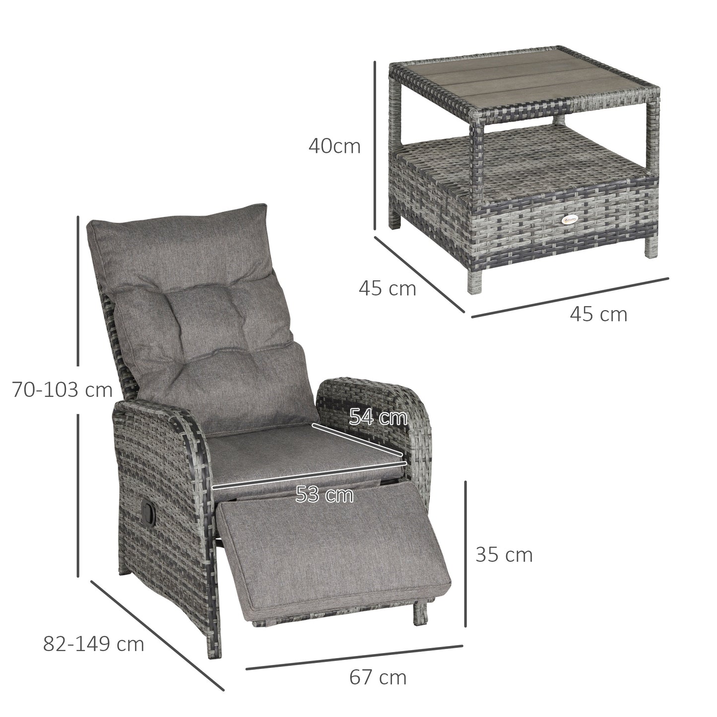 Outsunny 3 PCs Patio Rattan Wicker Chaise Lounge Sofa Set w/ Cushion for Patio Yard Porch