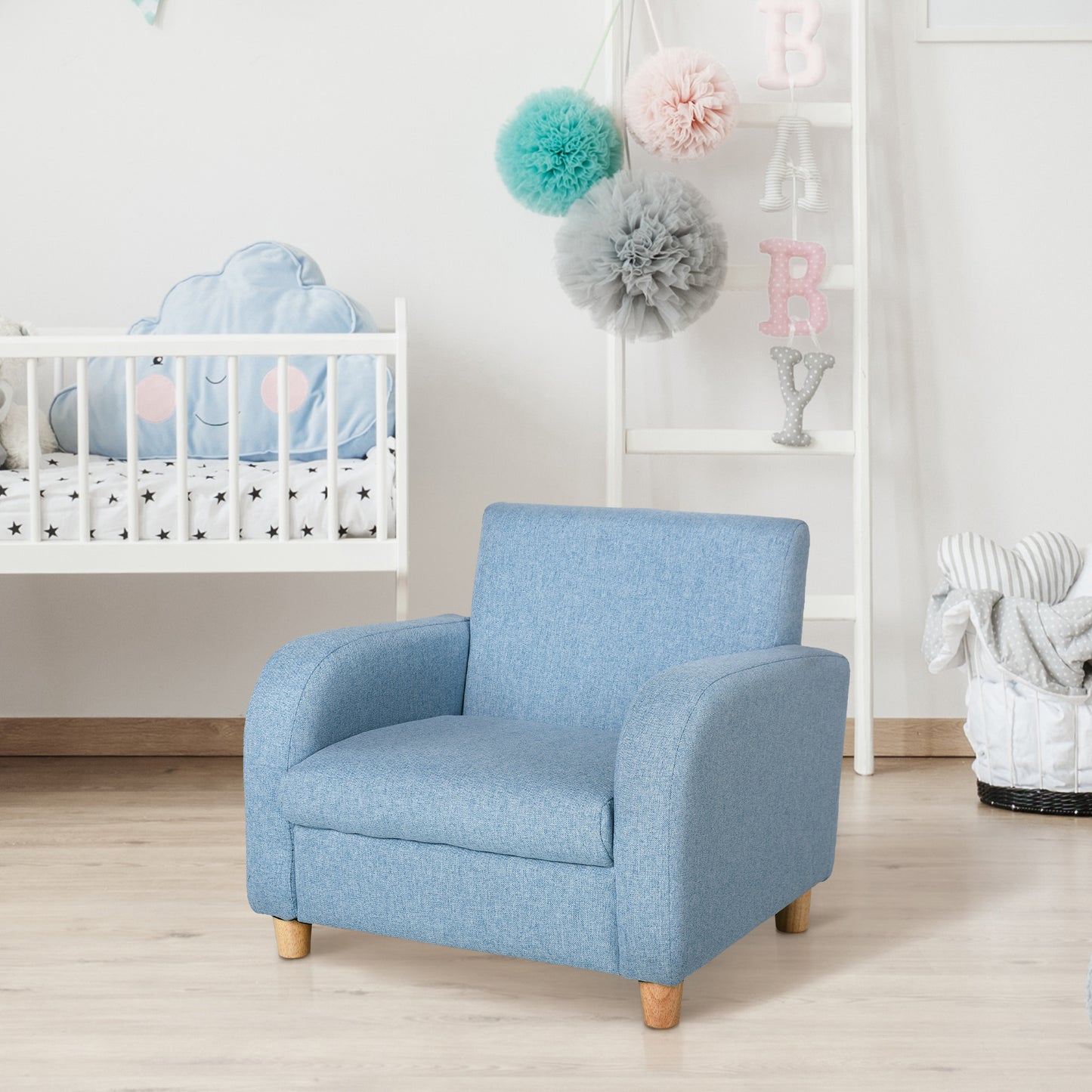 HOMCOM Kids Children Armchair Mini Sofa Wood Frame Anti-Slip Legs High Back Bedroom Playroom Furniture Blue