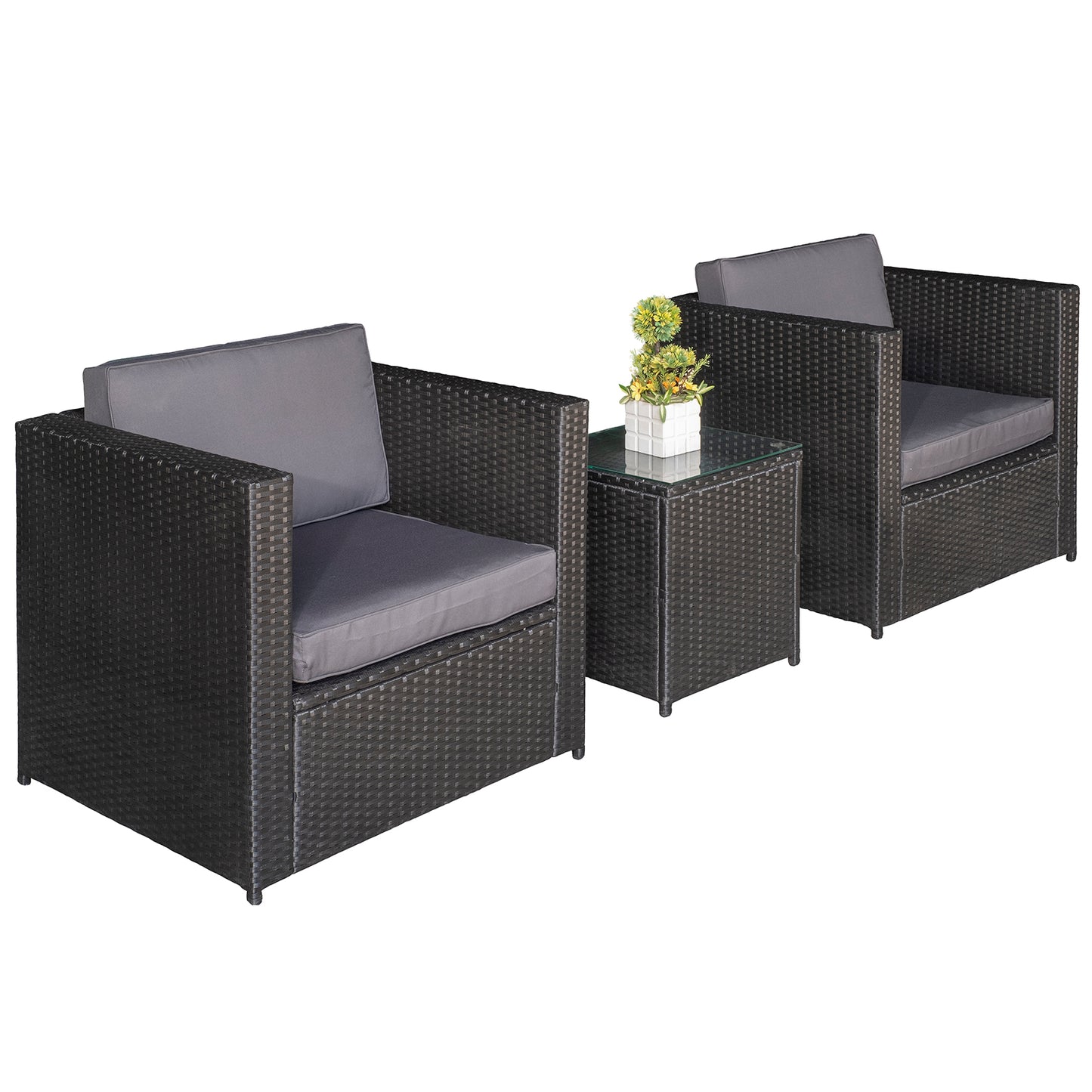 Outsunny 3 Pcs Rattan Sofa  Furniture Set W/Cushions, Steel Frame-Black